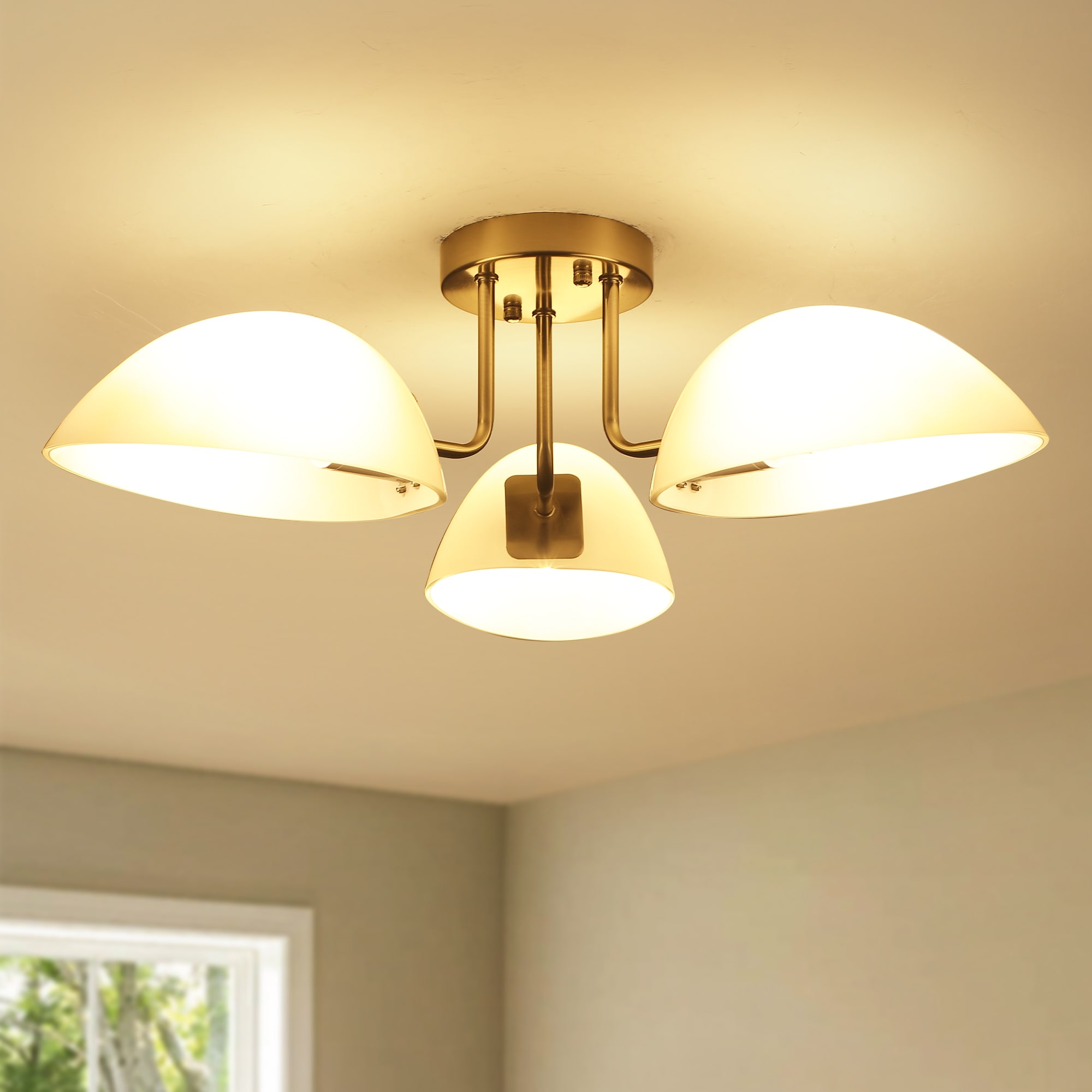 ADSENSTY 23.62inch 3 Light Brushed Nickel Modern Semi Flush Mount Ceiling Light With Milk White Glass Shade