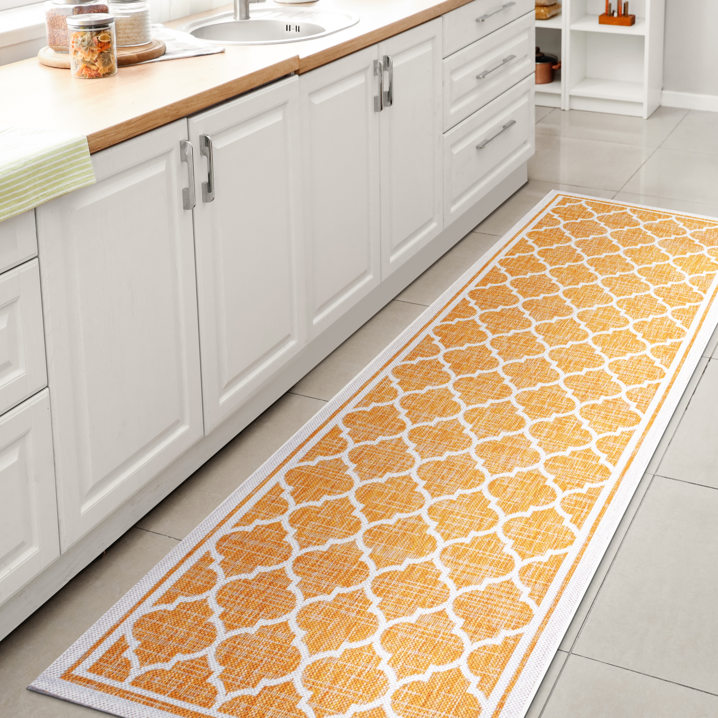 JONATHAN  Y SMB109F-28 Santa Monica Trebol Filigree Textured Weave 2 x 8 (ft) Loomed Polypropylene Yellow/Cream Rectangular Indoor/Outdoor Distressed/Overdyed Coastal Runner rug