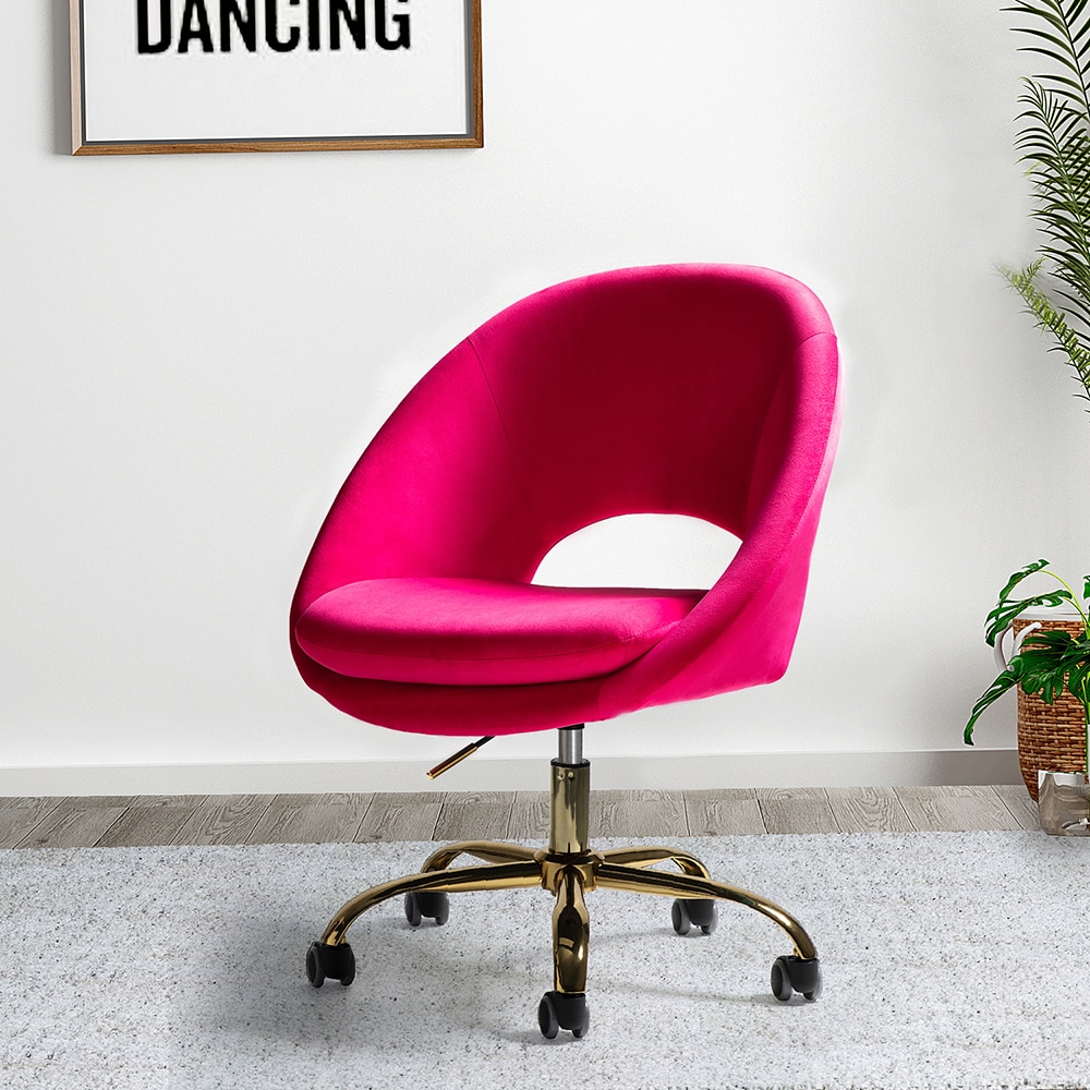 Ergonomic Fuchsia Velvet Swivel Task Chair with Gold Metal Base