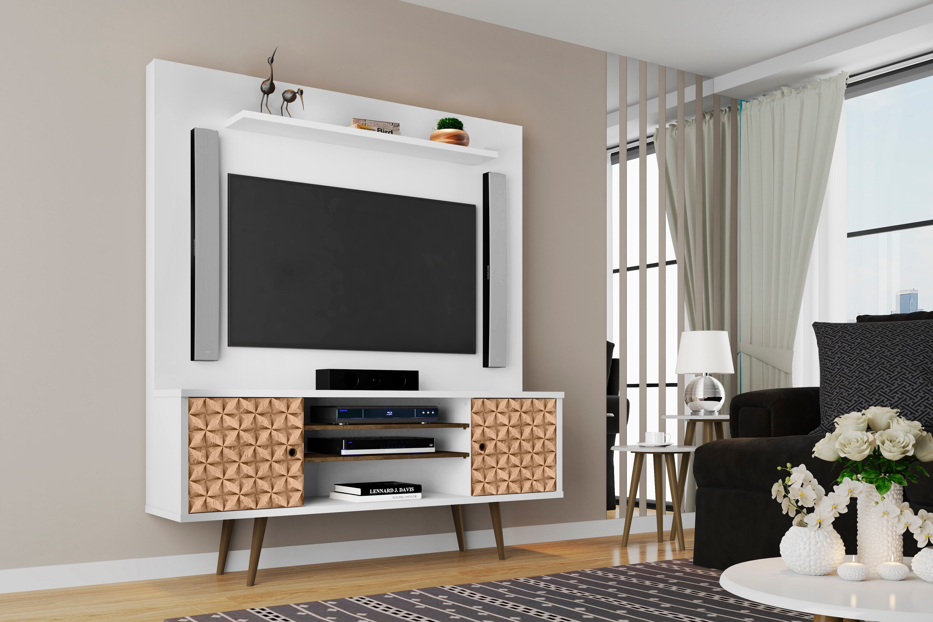 Manhattan Comfort 213BMC67 Liberty Modern/Contemporary White and 3D Brown Prints TV stand Integrated TV Mount ( Accommodates TVs up to 60-in )