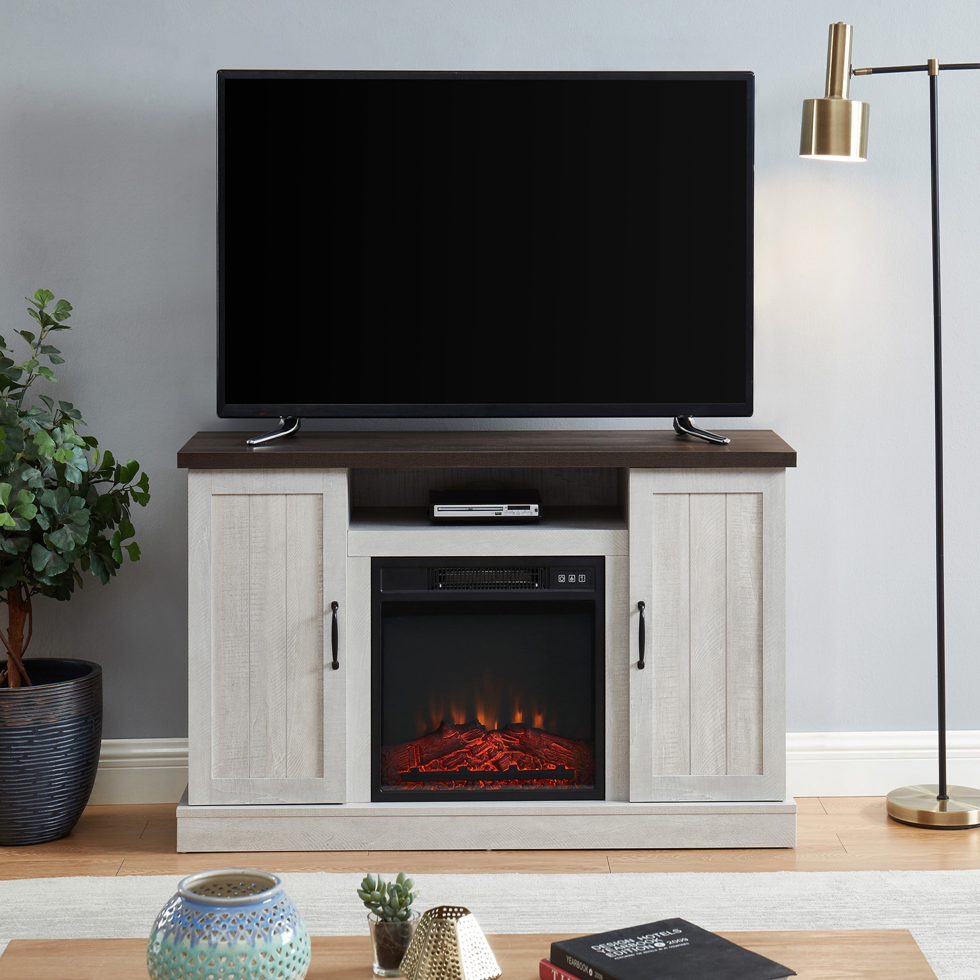 Clihome CL-CYTVS07-WHI 47-in W White TV Stand with Fan-forced Wall-mount Electric Fireplace with Remote Control Included