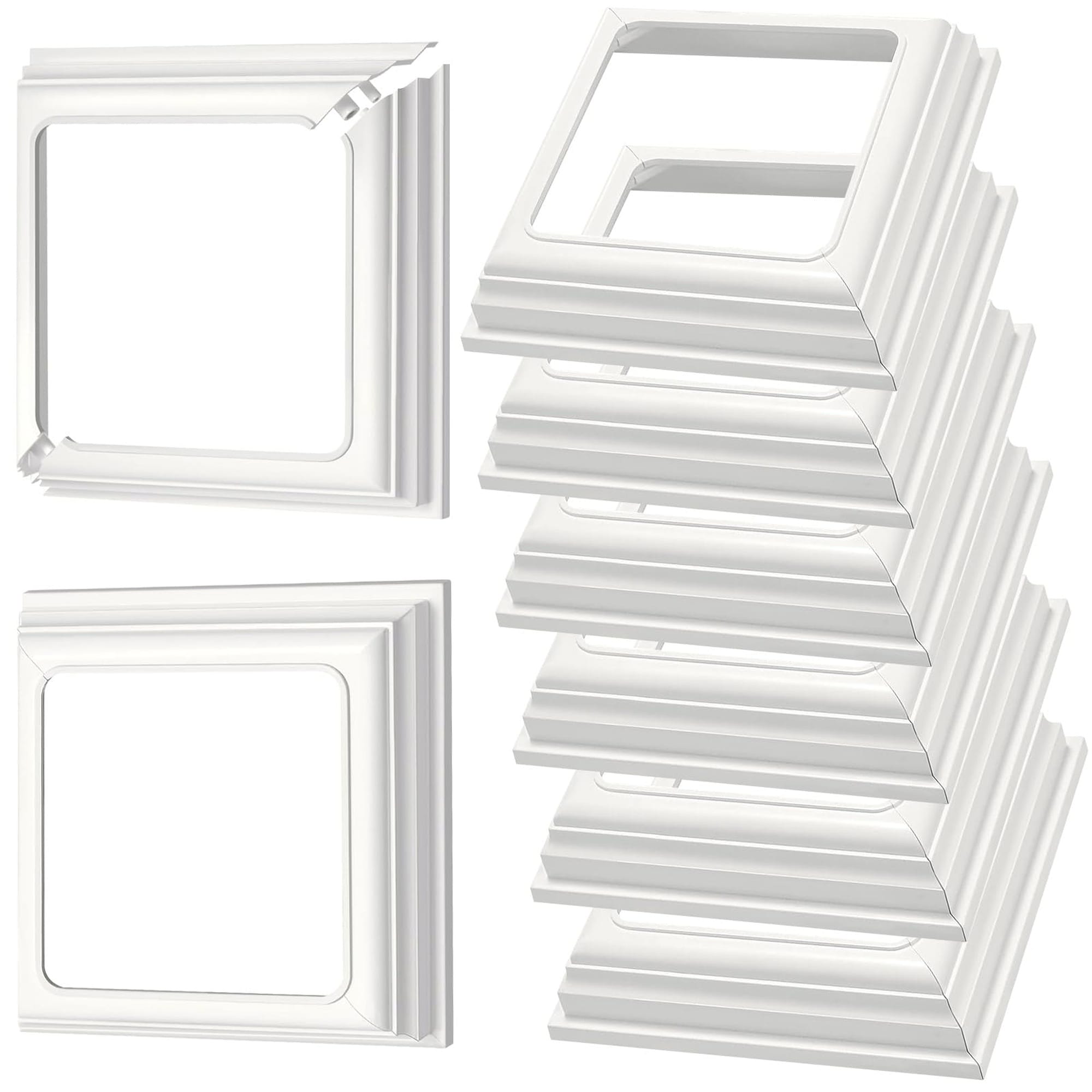 Angel Sar 8 Pack 4 Inch White Vinyl Post Skirt PVC Column Wrap for Porch Two Piece Base Trim Ring Railing Wood Stair Rails Fence Deck