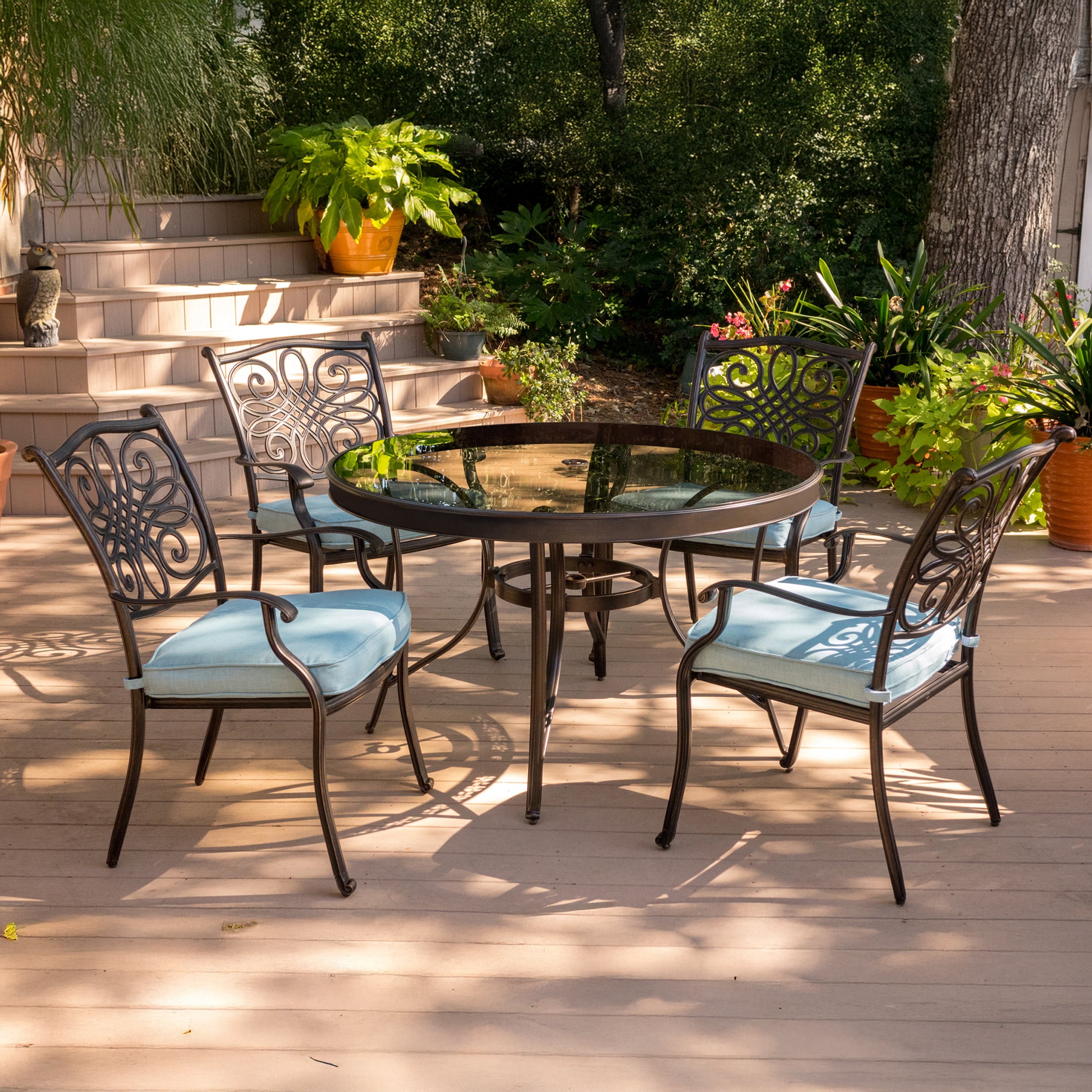 Hanover TRADDN5PCG-BLU Traditions 5 -Piece Bronze Patio Dining Set Aluminum Round Table with 4 Blue Cushions Stationary Chairs