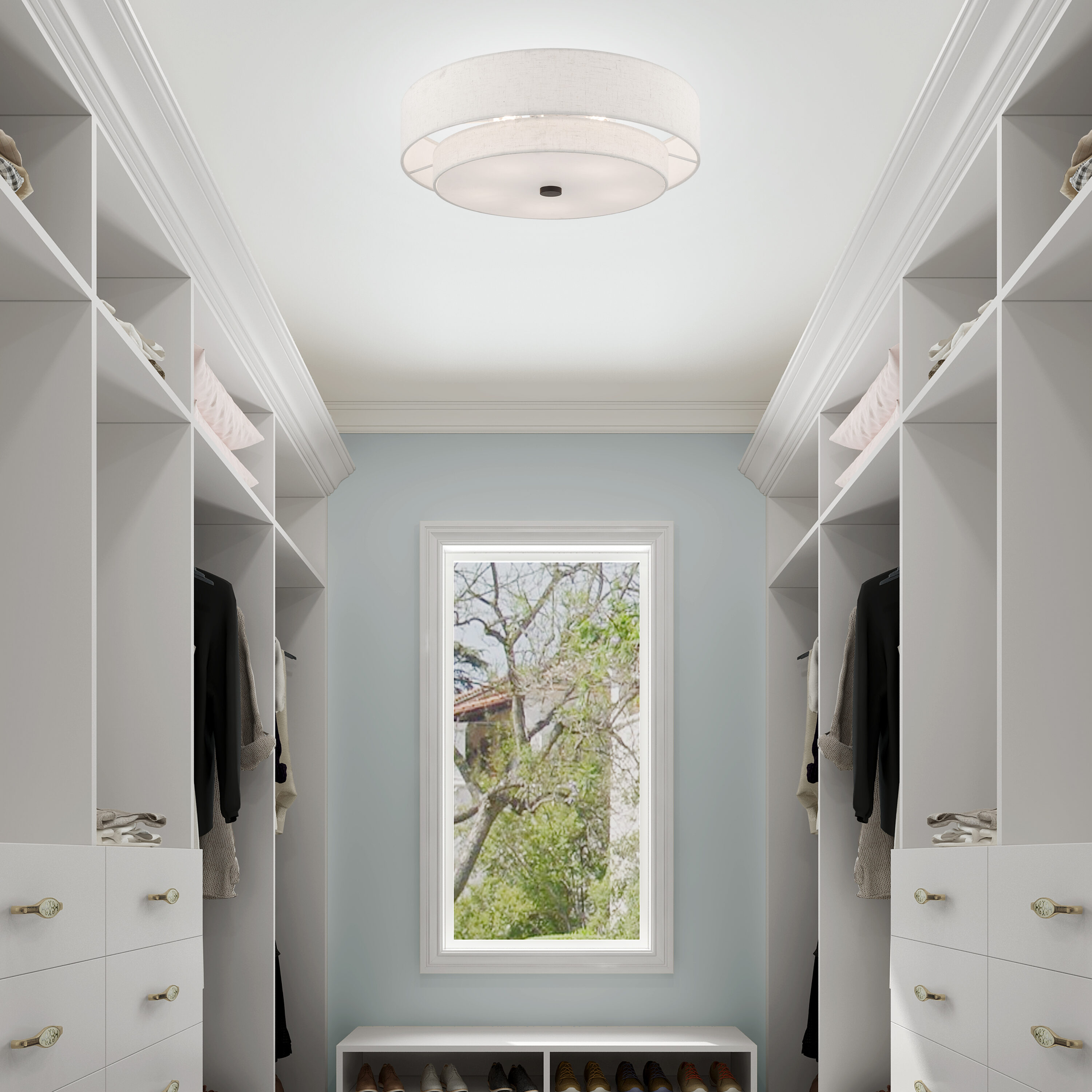 English Bronze Double Drum Semi-Flush Mount Light