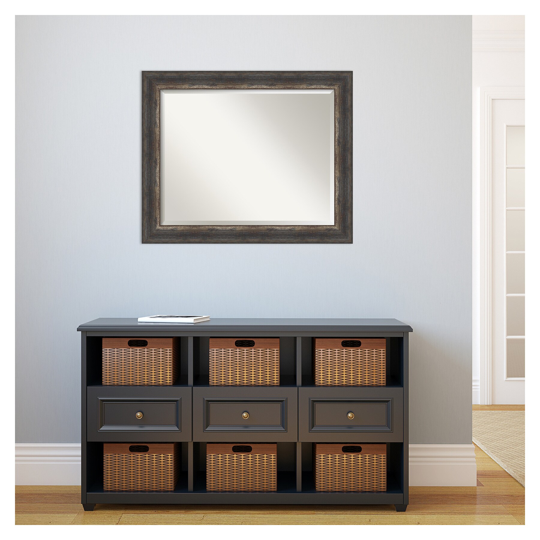 33" x 27" Bark Rustic Char Framed Wall Mirror Brown - Amanti Art