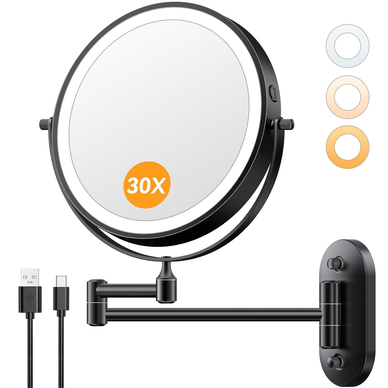 PIGFDK 8 in 30x-black Wall Mounted Lighted Makeup Mirror 30x1x Magnifying 5000mah Rechargeable 3 Colors Dimmable Touch 360 Rotation Extended Foldable Arm Chrome
