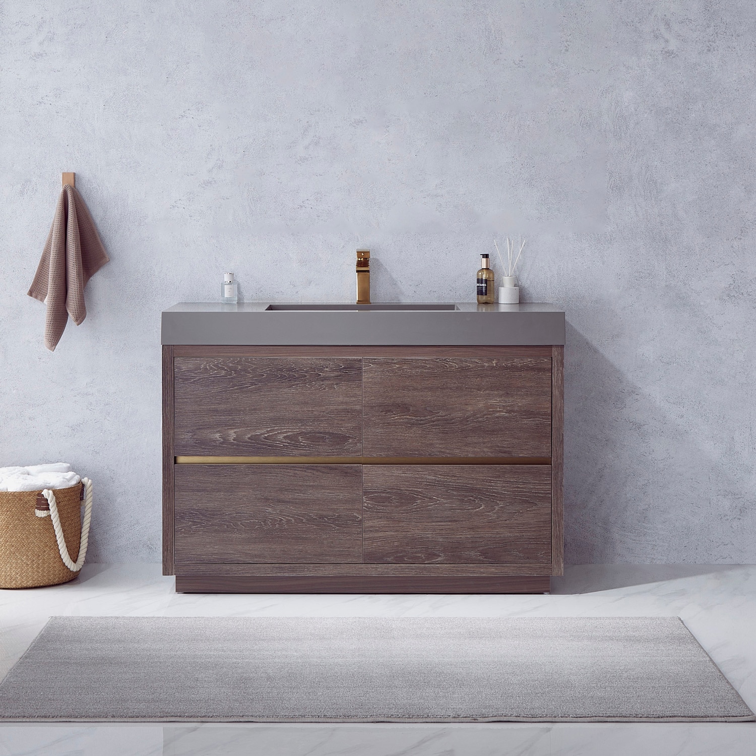 Huesca 48-in North Carolina Oak Finish Single Sink Bathroom Vanity with Gray Engineered Stone Top in Brown | - Vinnova 703048-NC-GR-NM