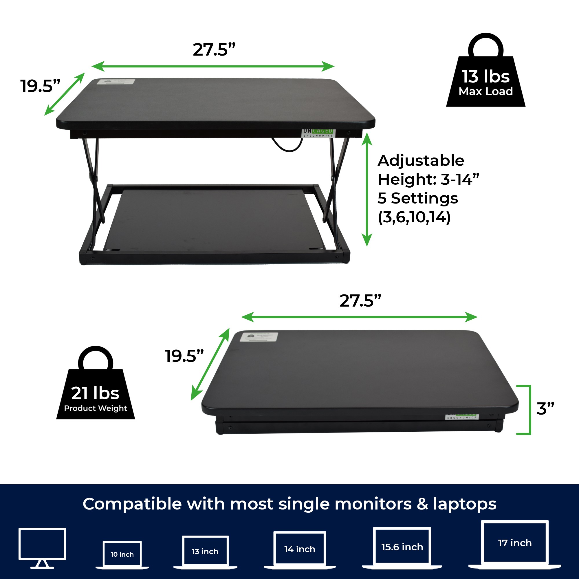 ErgoFlex Black Steel 27.5" Adjustable Height Standing Desk Converter