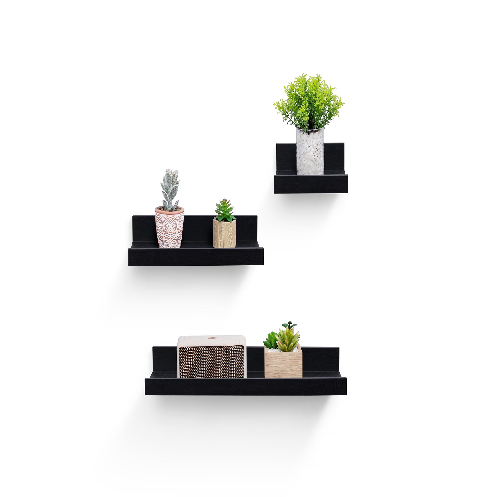 OOU Set of 3 Floating Wall Mounted Wood Shelf with Invisible Brackets Ideal for Bathroom Bedroom Living Room Kitchen for Books or Storage or Decor Black