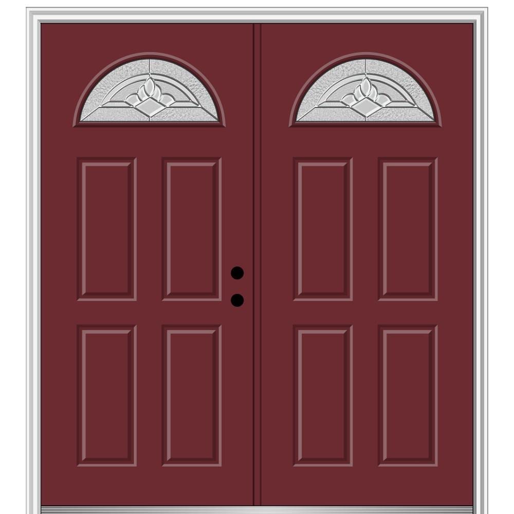 MMI DOOR ZZ366008L 68-in x 80-in x 4-9/16-in Fiberglass 1/4 lite Left-hand inswing Burgundy Painted Prehung Double door Front Door with Brickmould Insulating core Decorative glass