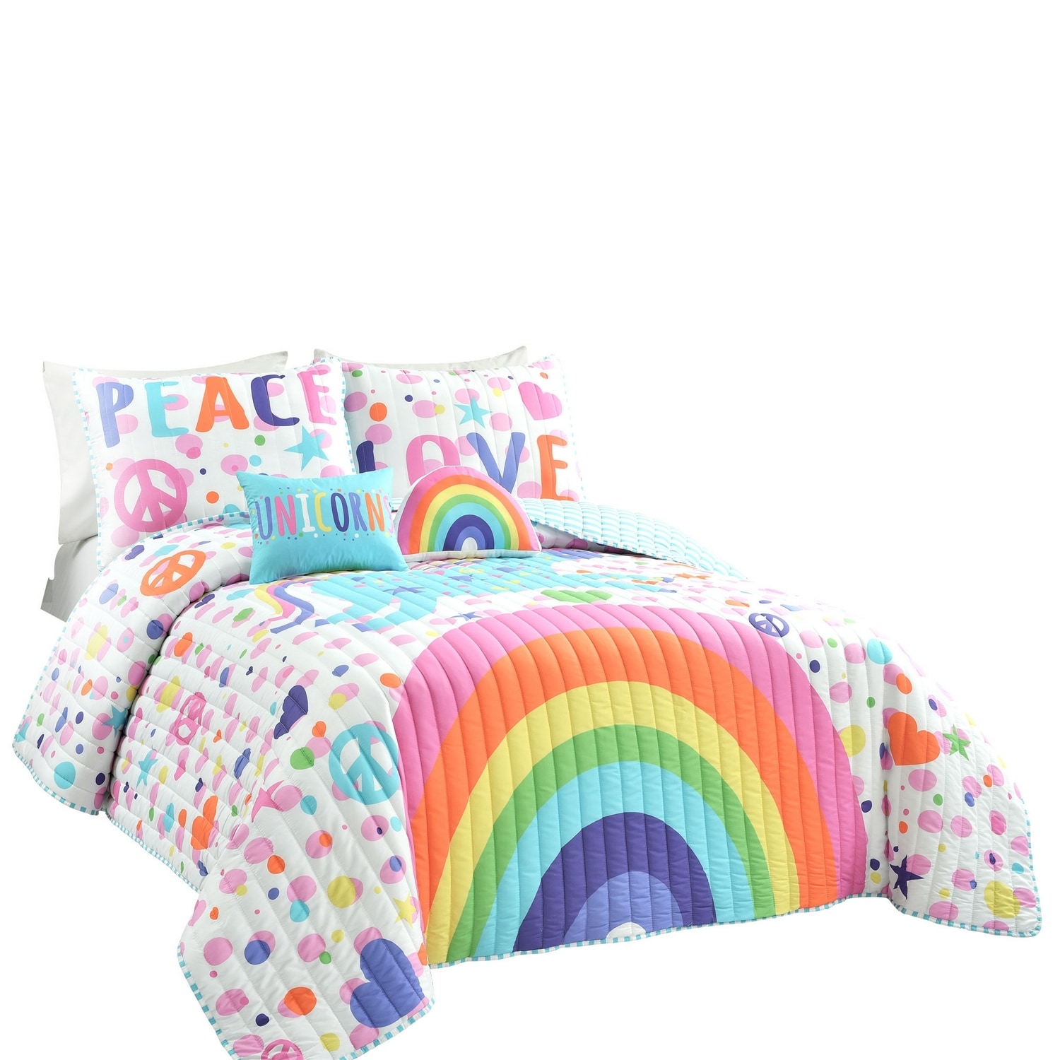 Full White Microfiber Reversible Unicorn Rainbow Quilt Set