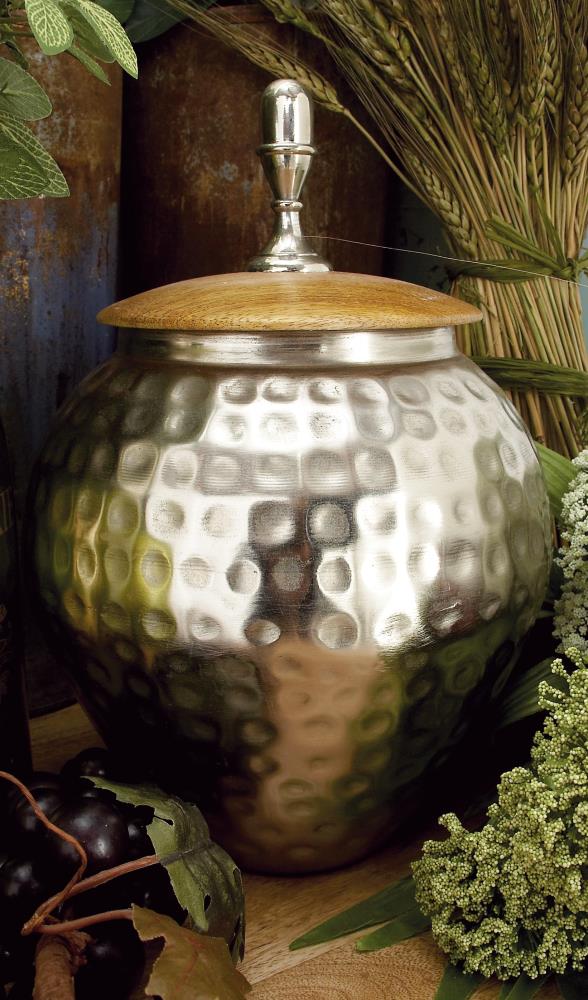 Tarnished Silver and Wood Abstract Decorative Jar 8" x 12"