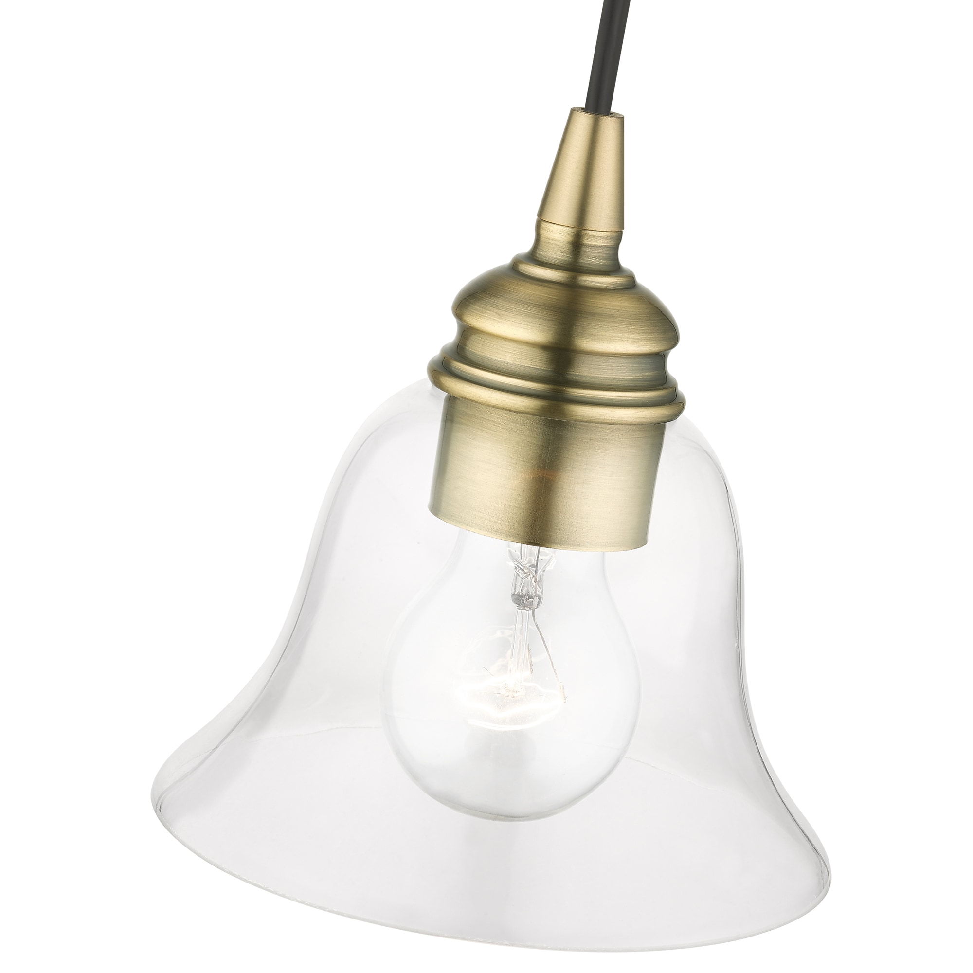 Transitional Hand-Blown Clear Glass Pendant in Antique Brass