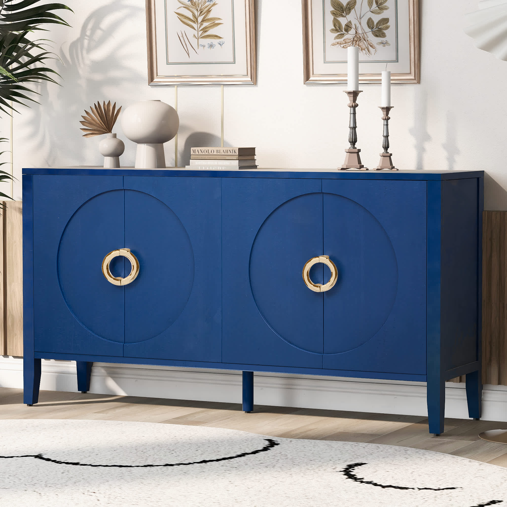 Vynxaria LESX1083-DJCW-GZ39 Sophisticated Fir Veneer Cabinet   Textured Finish  5 Leg Sturdy Structure  Rounded Doors for Corridor Entrance Living Room Study Blue