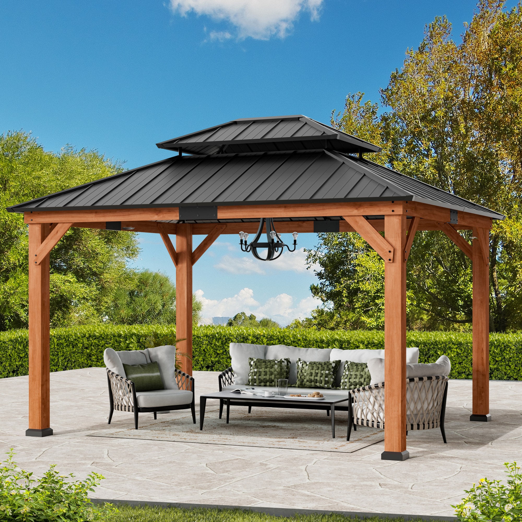 ELEVATE OUTDOORS Glamwood Cedar Wood 11-ft x 13-ft Hardtop Roof Iron ...