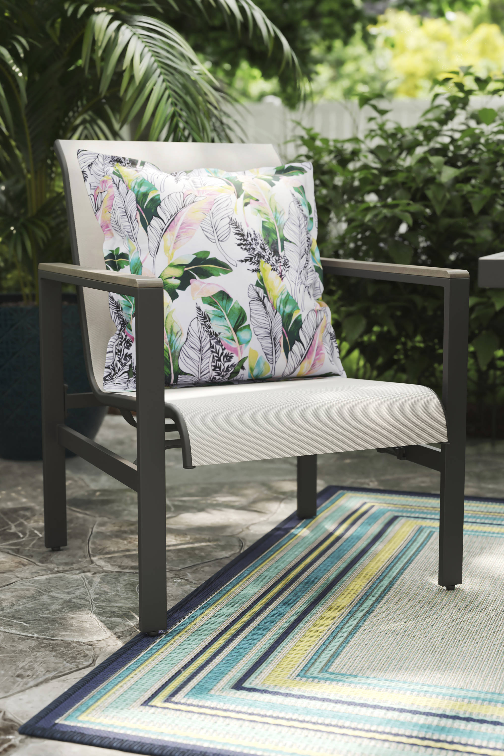 Style Selections Easton Park Set of 4 Texture Black Steel Frame Spring Motion Conversation Chair with Gray Sling Seat in the Patio Chairs department at Lowes