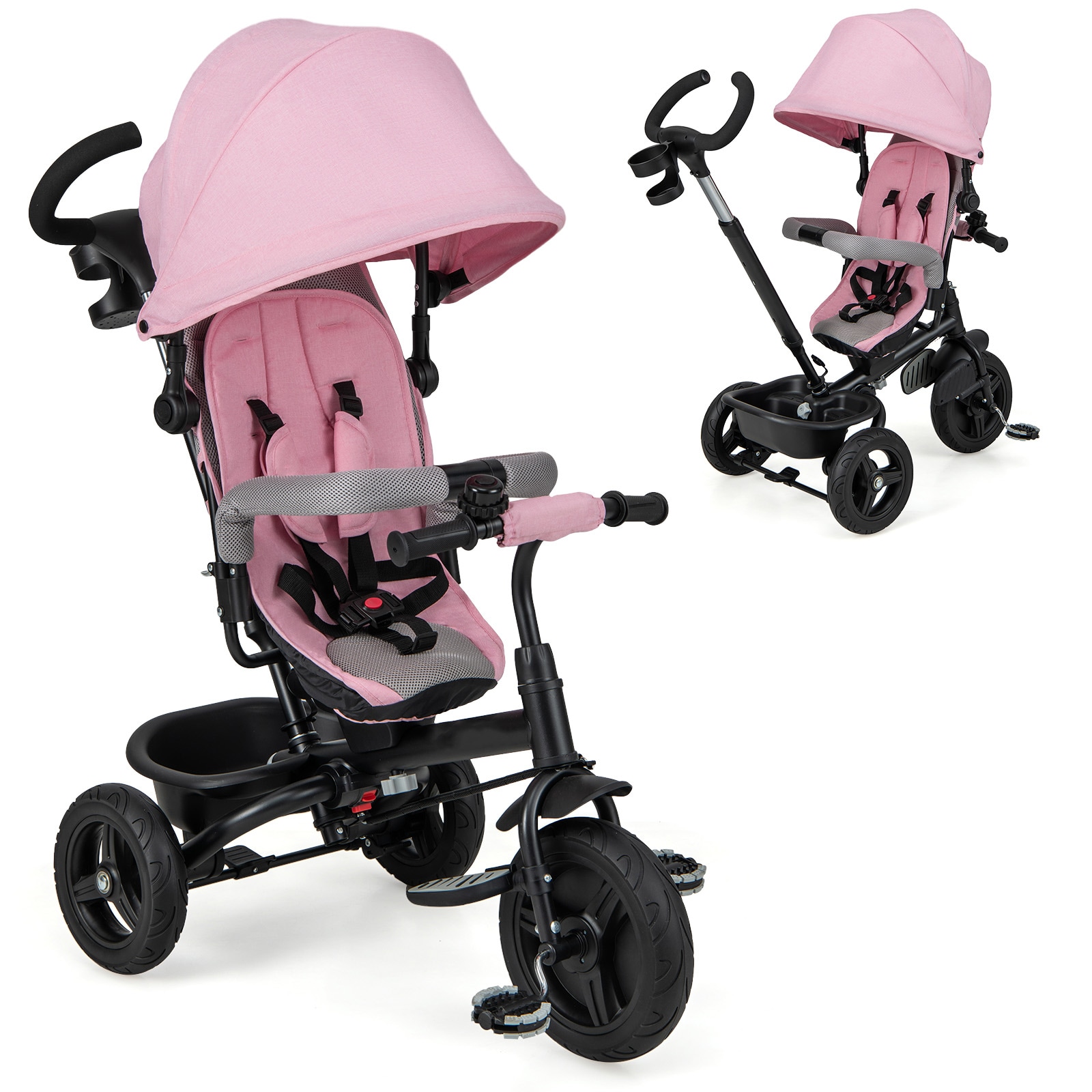 Slickblue D-CO-IP28101QT 4-in-1 Pink Ride On Tricycle for Toddlers with Reversible Seat Folding Footrests and Storage Basket