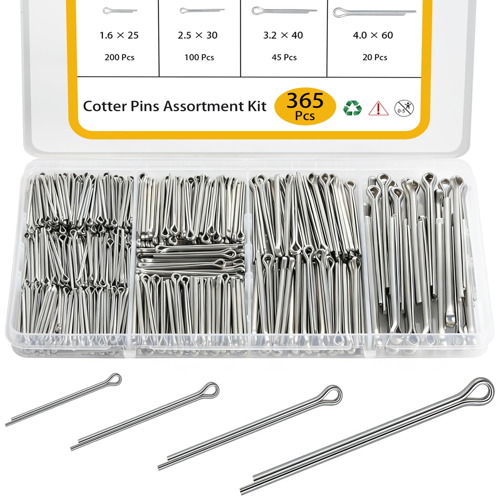 KHKFY  Cotter Pin Assortment Kit 365 Pieces 304 Stainless Steel Four Sizes Hardware Pins for Automotive Trailer Lawnmower Truck Farm Tractor