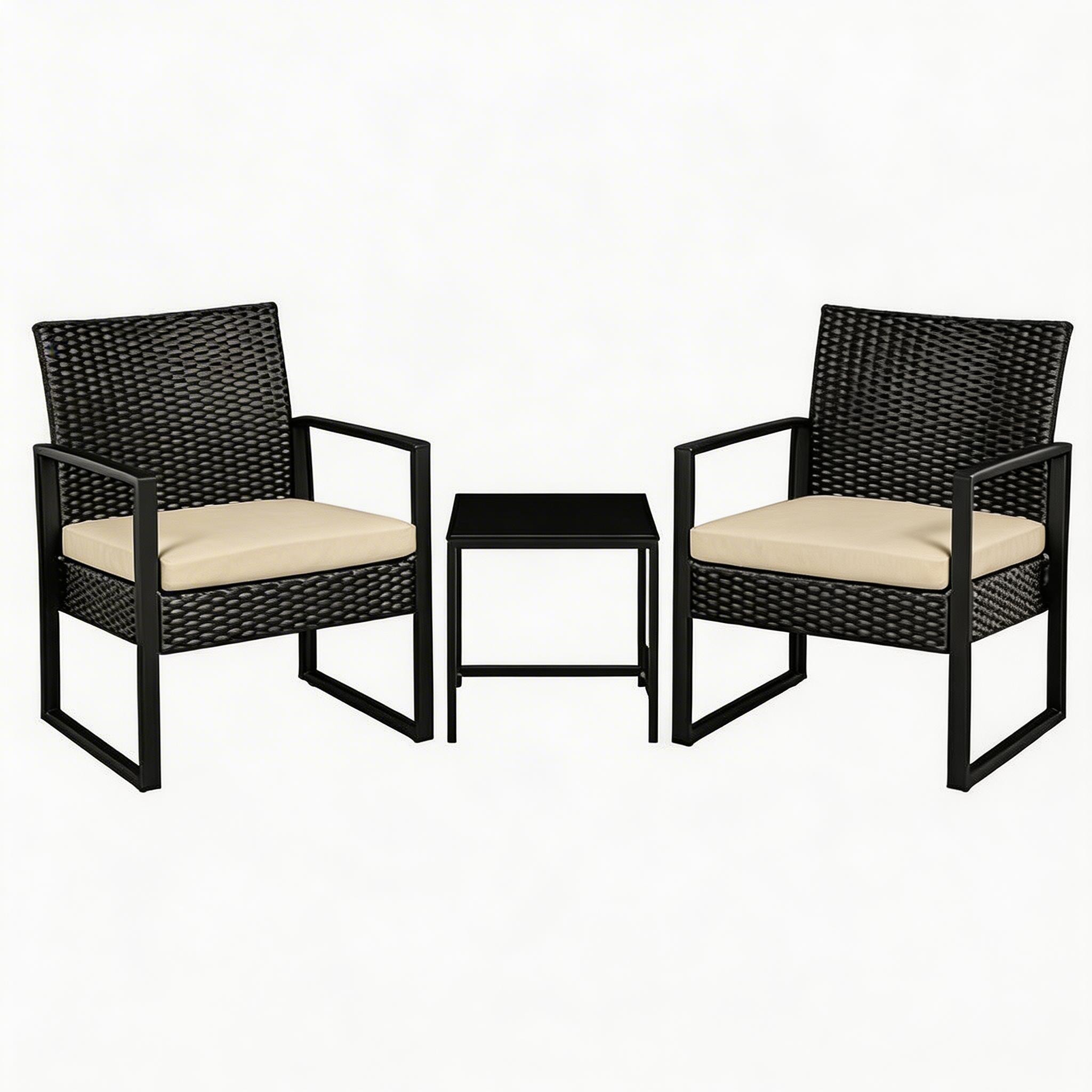 GAOMON - Three piece outdoor rattan patio bar set with two chairs waterproof cushions and square ...