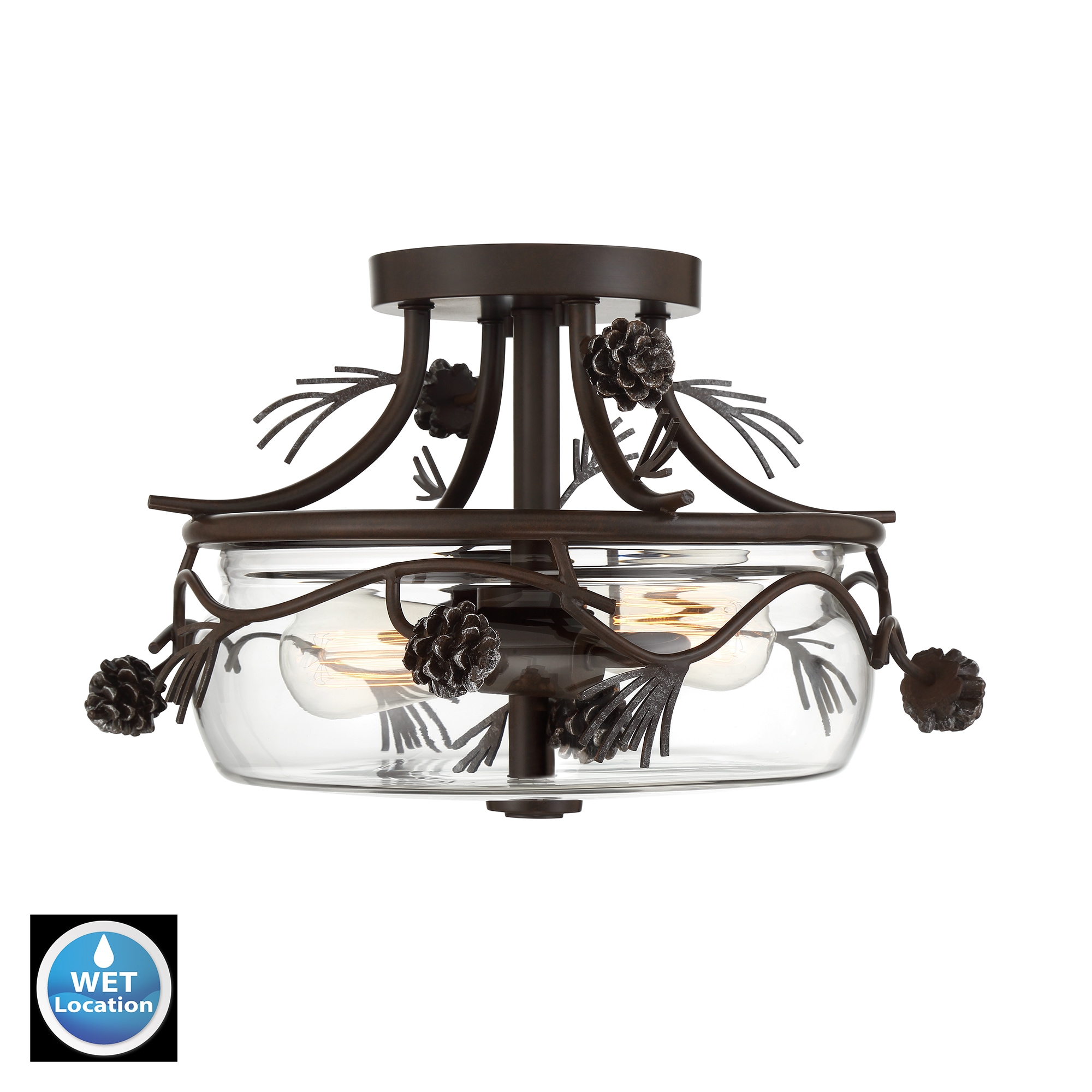 Weathered Spruce & Silver Glass Drum Semi-Flush Mount Light