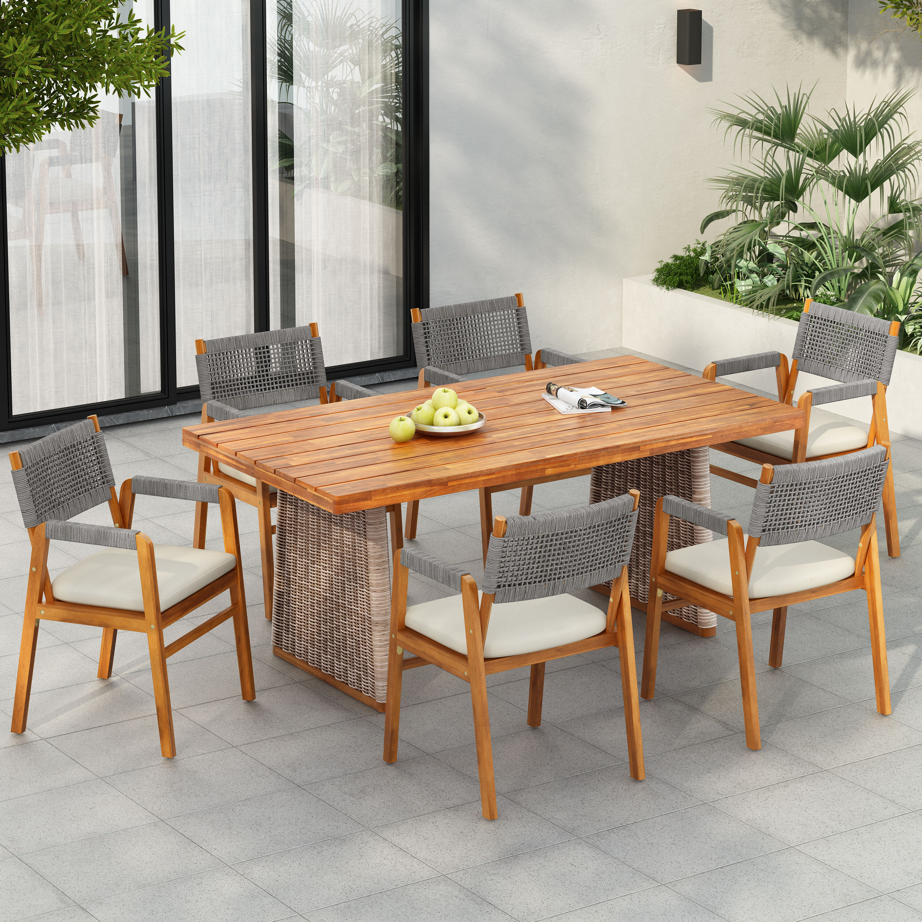Christopher Knight Home 342812 Mid Century Outdoor 7 Piece Acacia Wood Wicker Dining Set Teak Finish Grey Rope Brown Wicker Beige Cushion