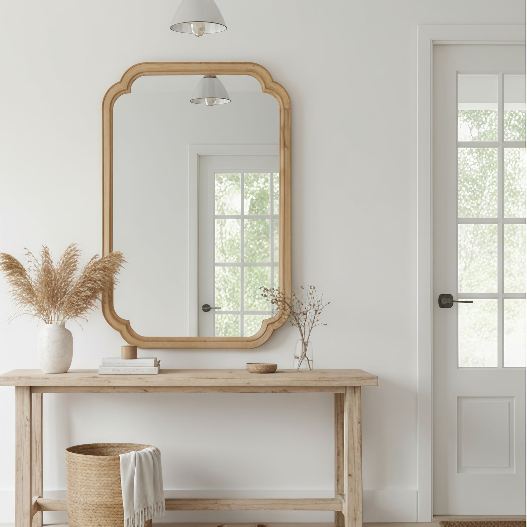 IAK 20 inch x 30 inch Natural Wood Solid Wood Frame Rounded Corner Decorative Mirror with Elegant Art Design
