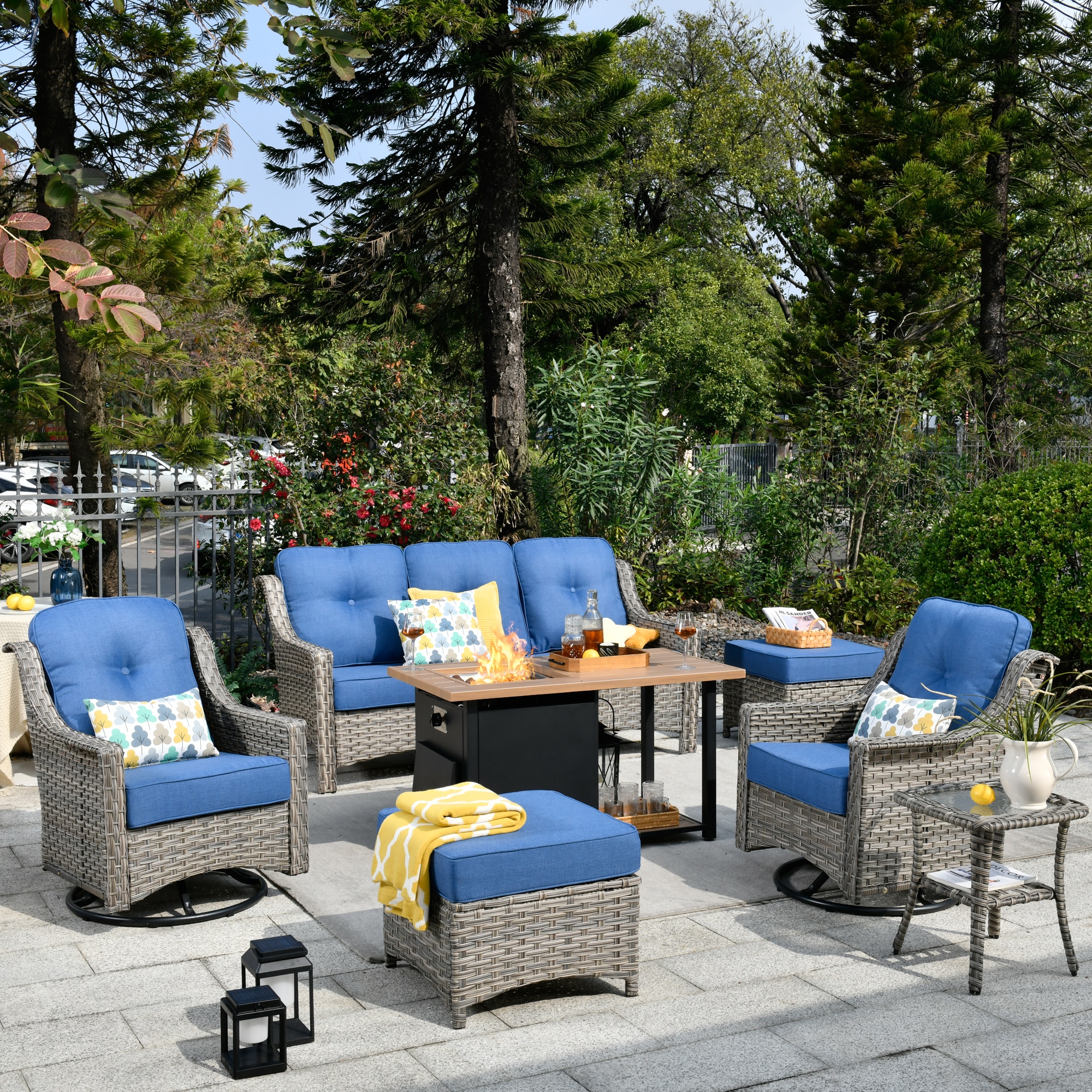 Ovios RFP11PD5-6Y 7 -Piece Wicker Patio Sofa Conversation Set with Blue Cushions