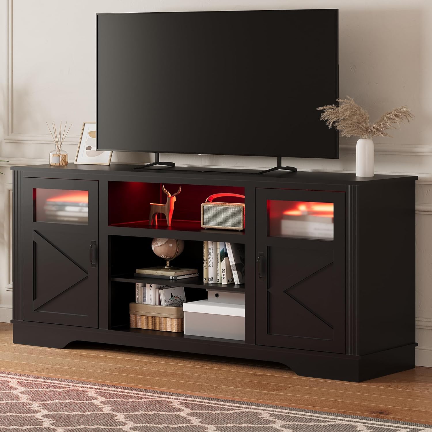 Qeetex LHF-DSG-PHO-161W38LT 34inch Tall Farmhouse LED TV Stand for TVs up to 65 Inch Entertainment Center with Storage TV Media Console Table with LED Light TV Table with Power Outlet for Living Room Bedroom (Black)