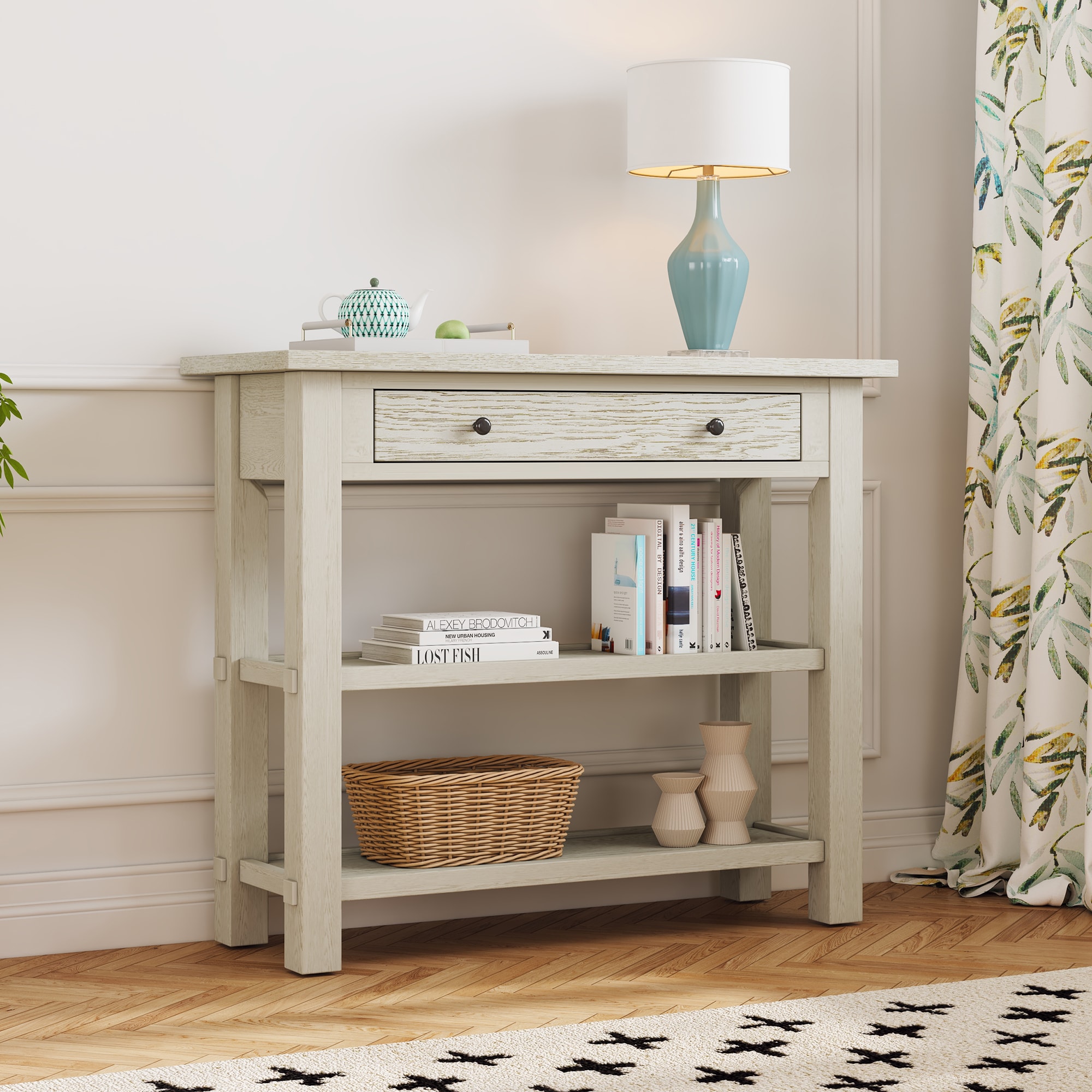 ModernLuxe N715P195561E Entryway Table with Storage Retro Console Table with Drawer and Two Sturdy Shelves for Entryway Living Room Gray Wash