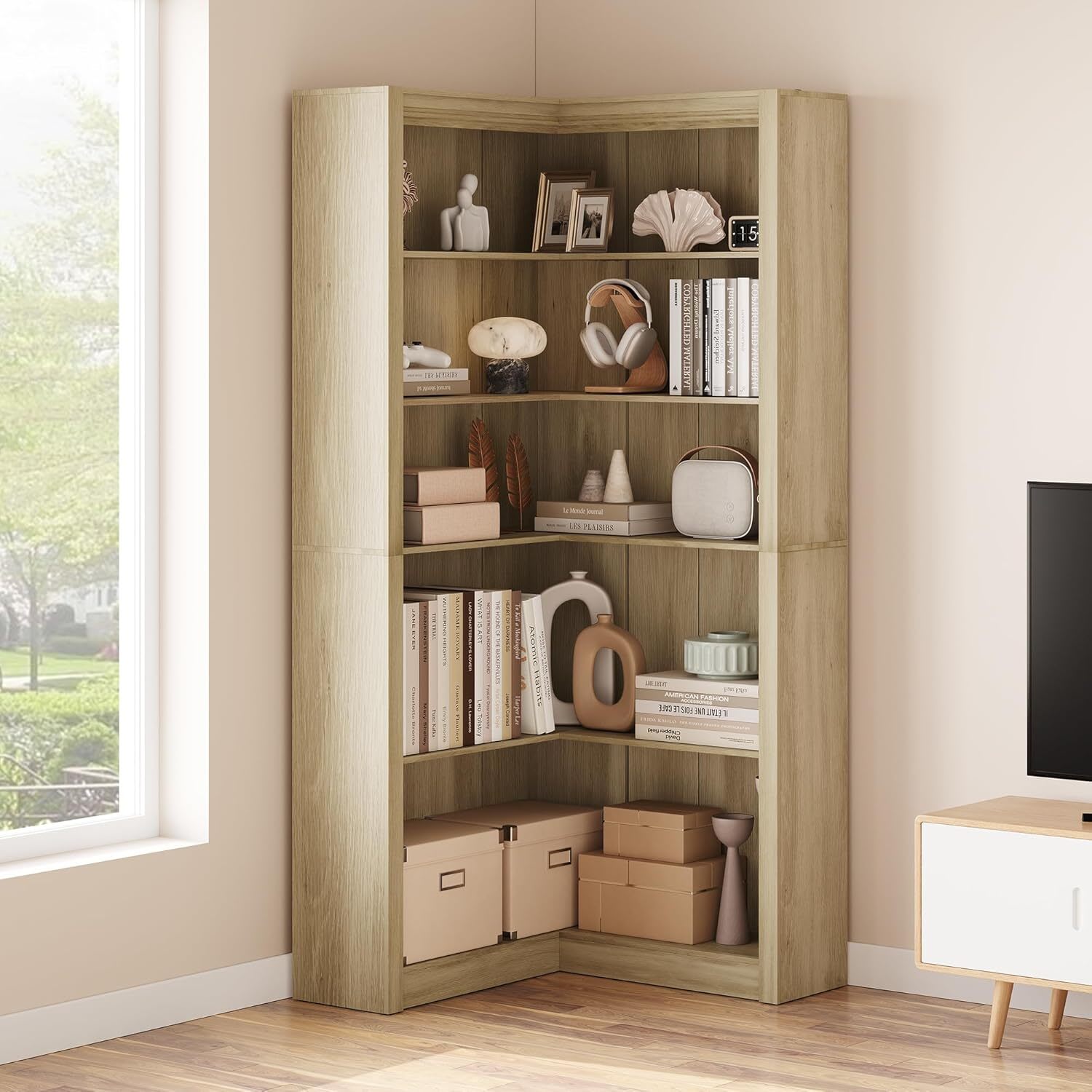 Garvee 71.8in Farmhouse Tall Corner Bookshelf 5 Tier L-Shaped
