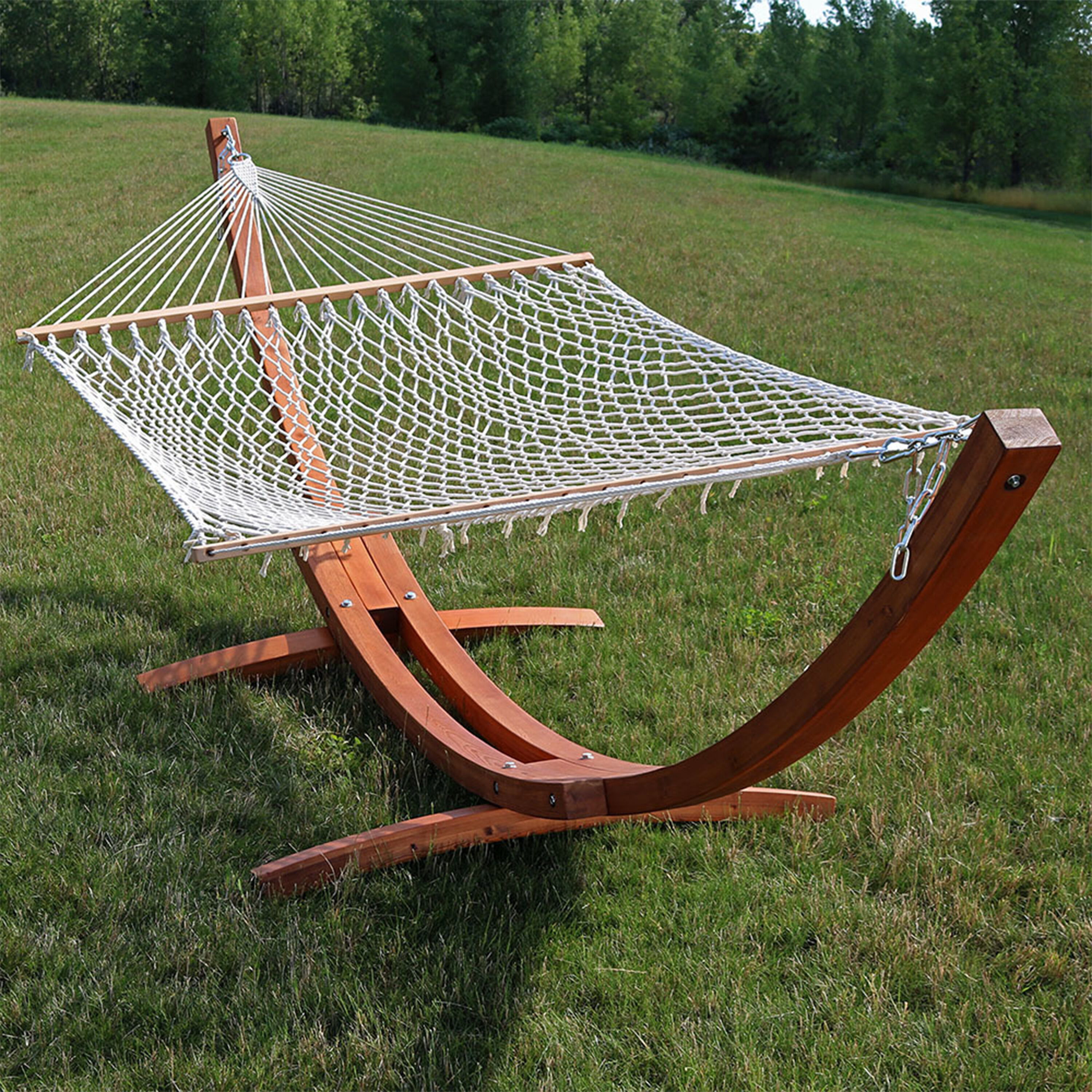 Sunnydaze Decor CDWHWS-13WHS-COMBO Hammock with Spreader Bars and 13 Foot Curved Arc Wood Stand Cotton Rope Hammock Rope Hammock with Stand