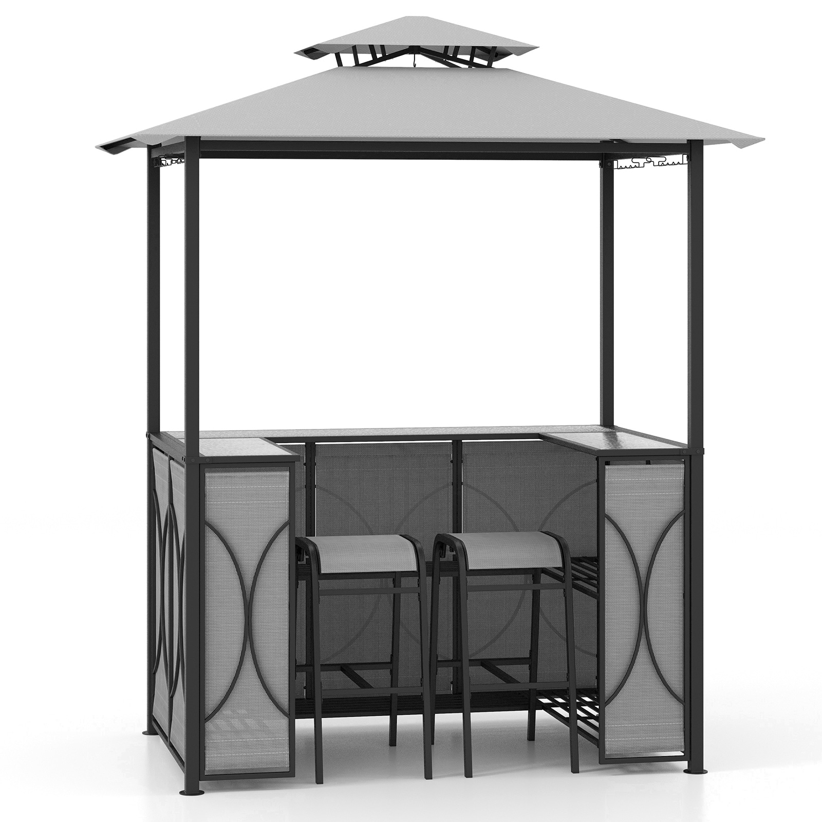Slickblue 3 Piece Brown/Gray Patio Bar Set with Storage Shelves and 2 Stools for Garden or Poolside