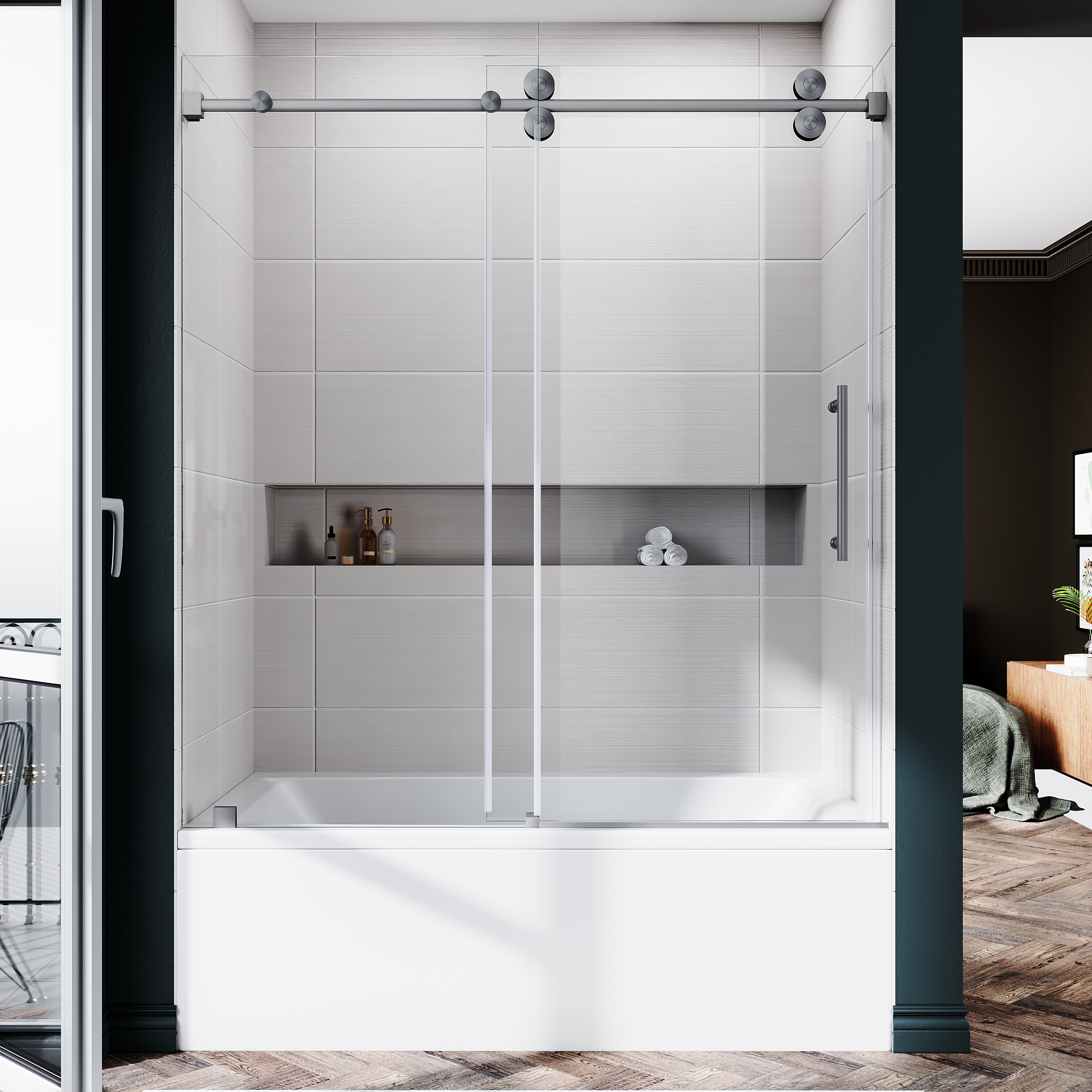 UNIKOO UKS04 56 in to 60 in x 66 in H Frameless Bathtub Door in Space Gray with EnduroShield SGCC Clear Glass