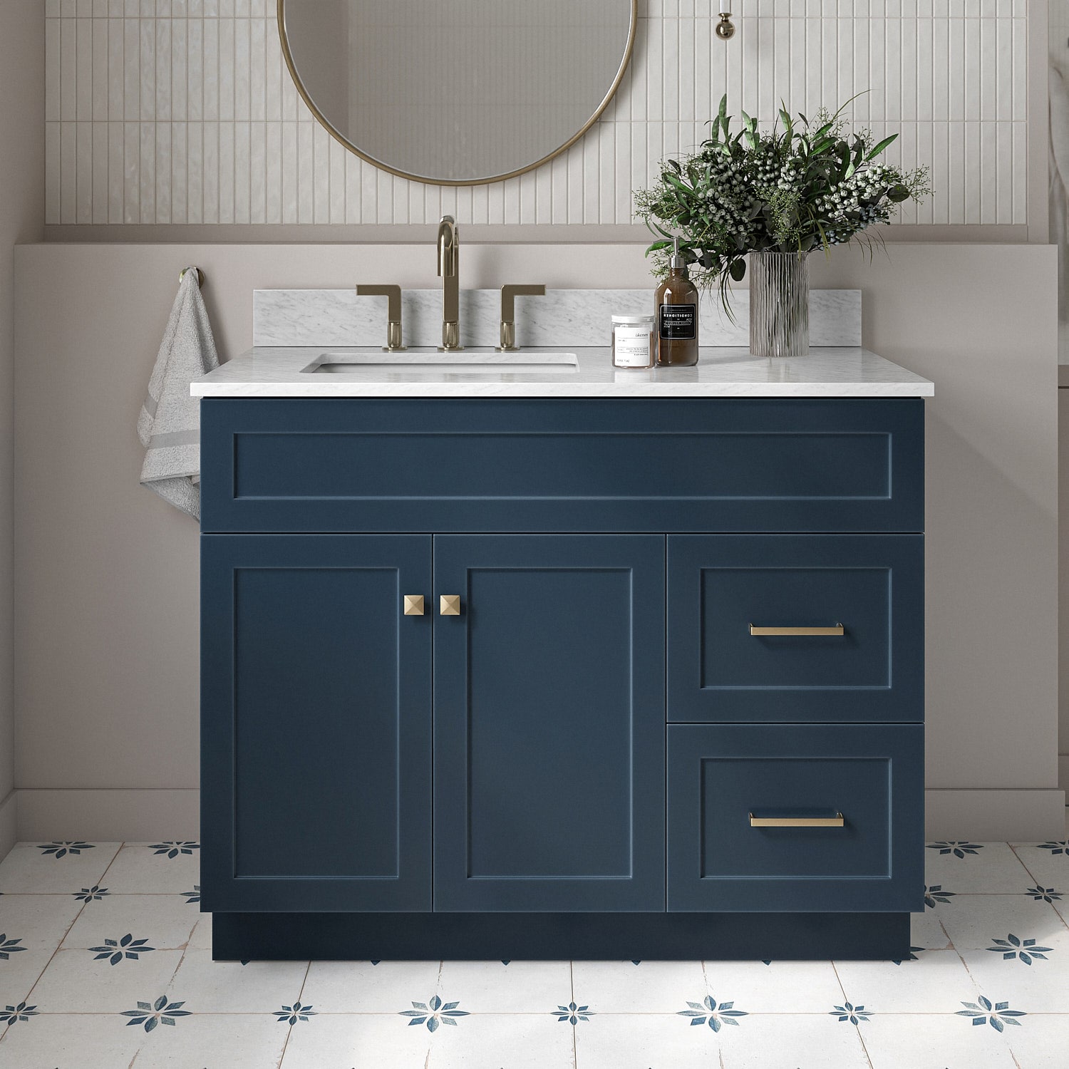 ARIEL F043SLCW2RVOMNB Hamlet 43-in Midnight Blue Undermount Single sink Bathroom Vanity with 0.75" Carrara White Marble Natural marble Top