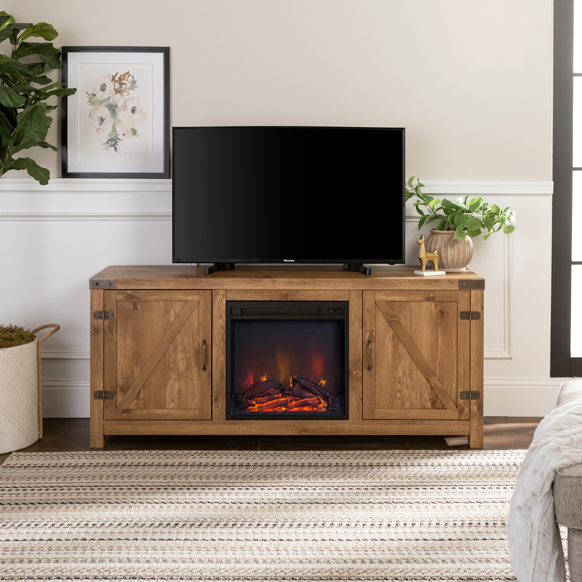 Walker Edison W58FPBDBW 58-Inches W Barnwood TV Stand with LED Flat wall Electric Fireplace