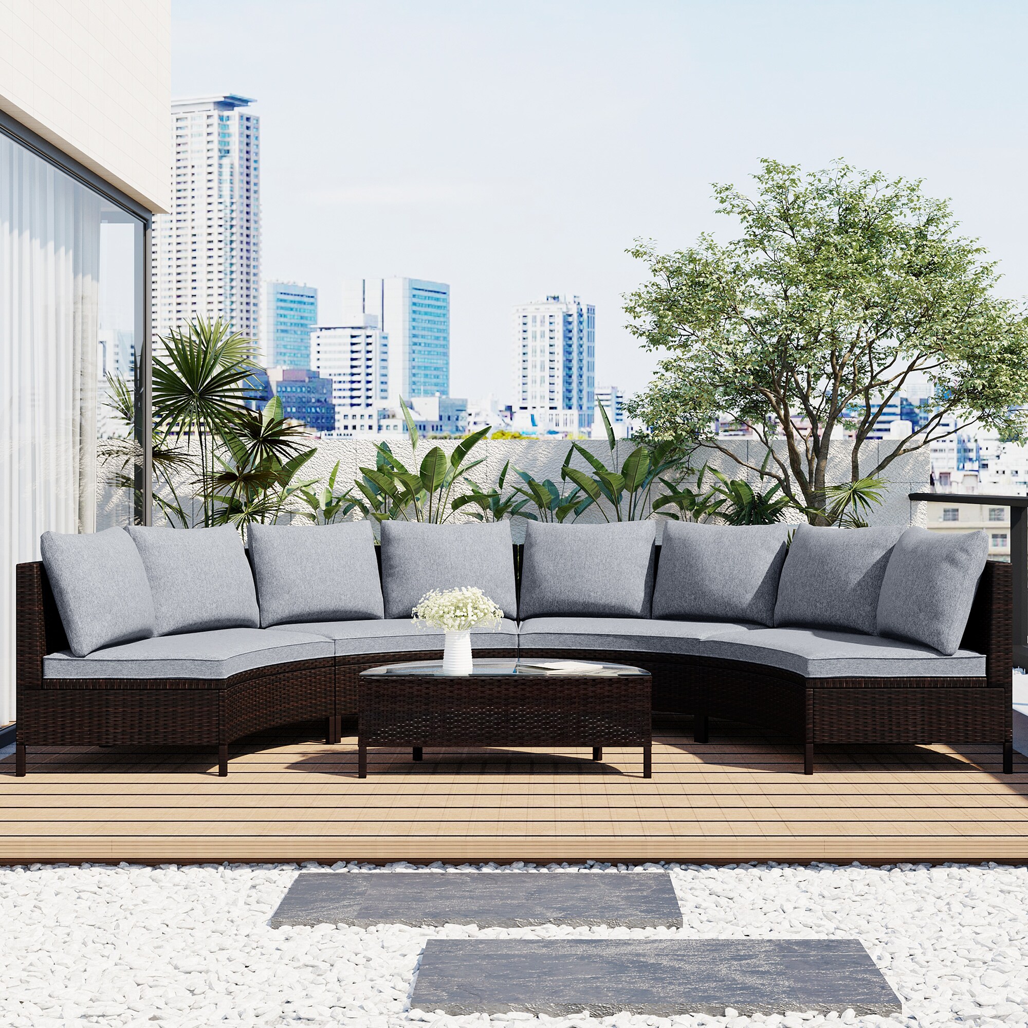ModernLuxe L-SP100149AAE 5 Pieces All-Weather Brown PE Rattan Wicker Sofa Set Rattan Outdoor Sectional with Gray Cushions and Steel Frame