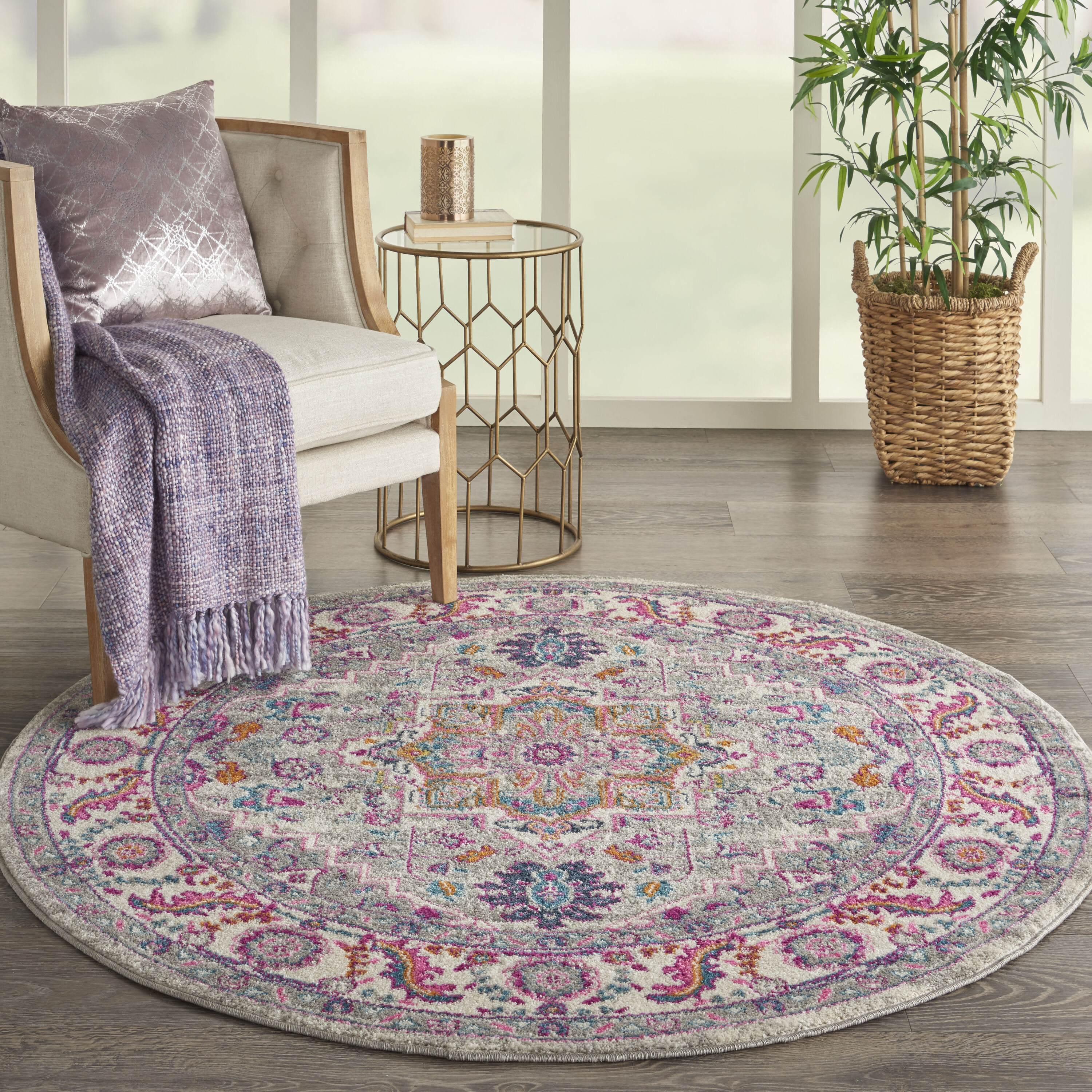 Nourison 099446765208 Passion 5 x 5 (ft) Loomed Polypropylene Light Grey/Pink Round Indoor Medallion Bohemian/Eclectic Area rug