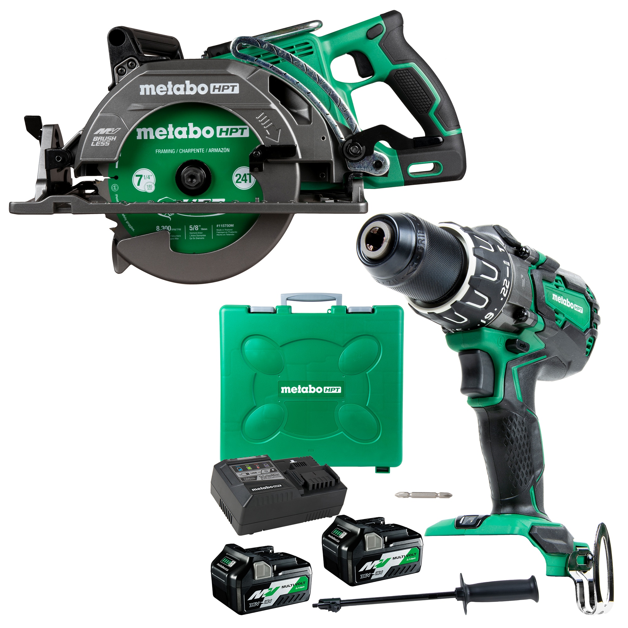 Metabo HPT MultiVolt 1/2-in 36-volt Variable Brushless Cordless Hammer Drill with Multi 36-volt 7-1/4-in Worm Drive Brushless Cordless Circular Saw