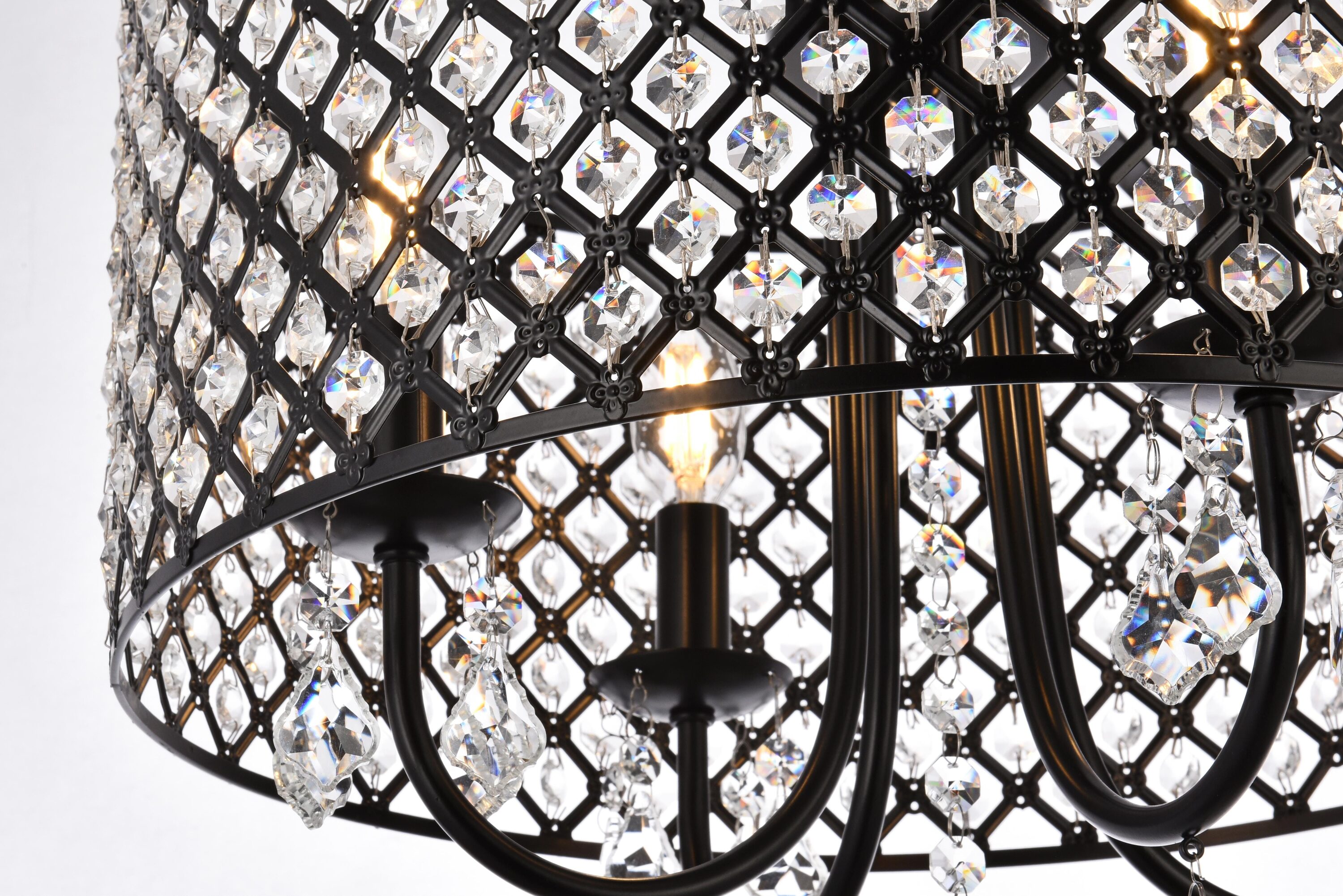 Elegant Crystal and Iron Black Drum Pendant with Lattice Shade