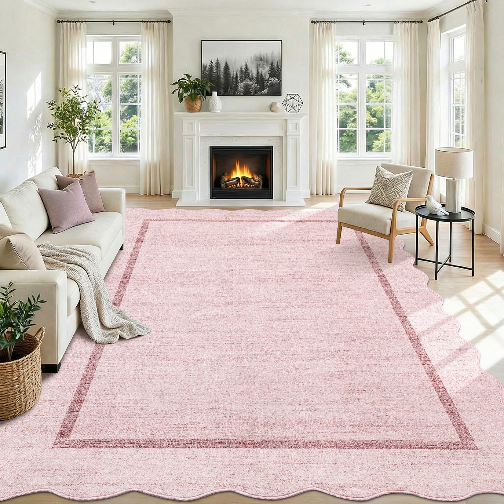 Aoile 5 x 7 ft Pink Washable Scalloped Living Room Rugs Bordered Soft ...