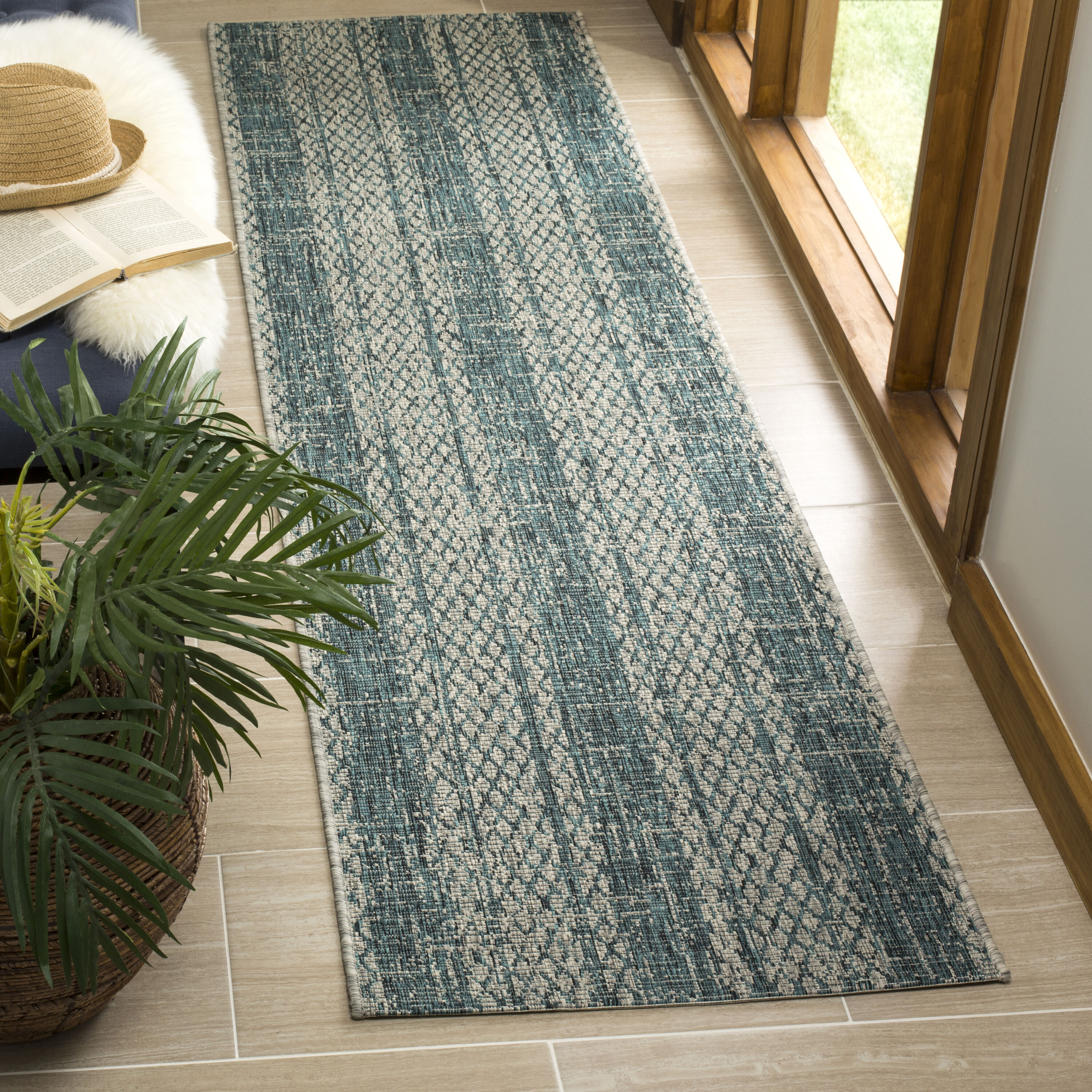 Safavieh CY8736-37212-210 Courtyard Ventura 2 x 10 (ft) Loomed Polypropylene Light Gray/Teal Rectangular Indoor/Outdoor Stripe Coastal Runner rug