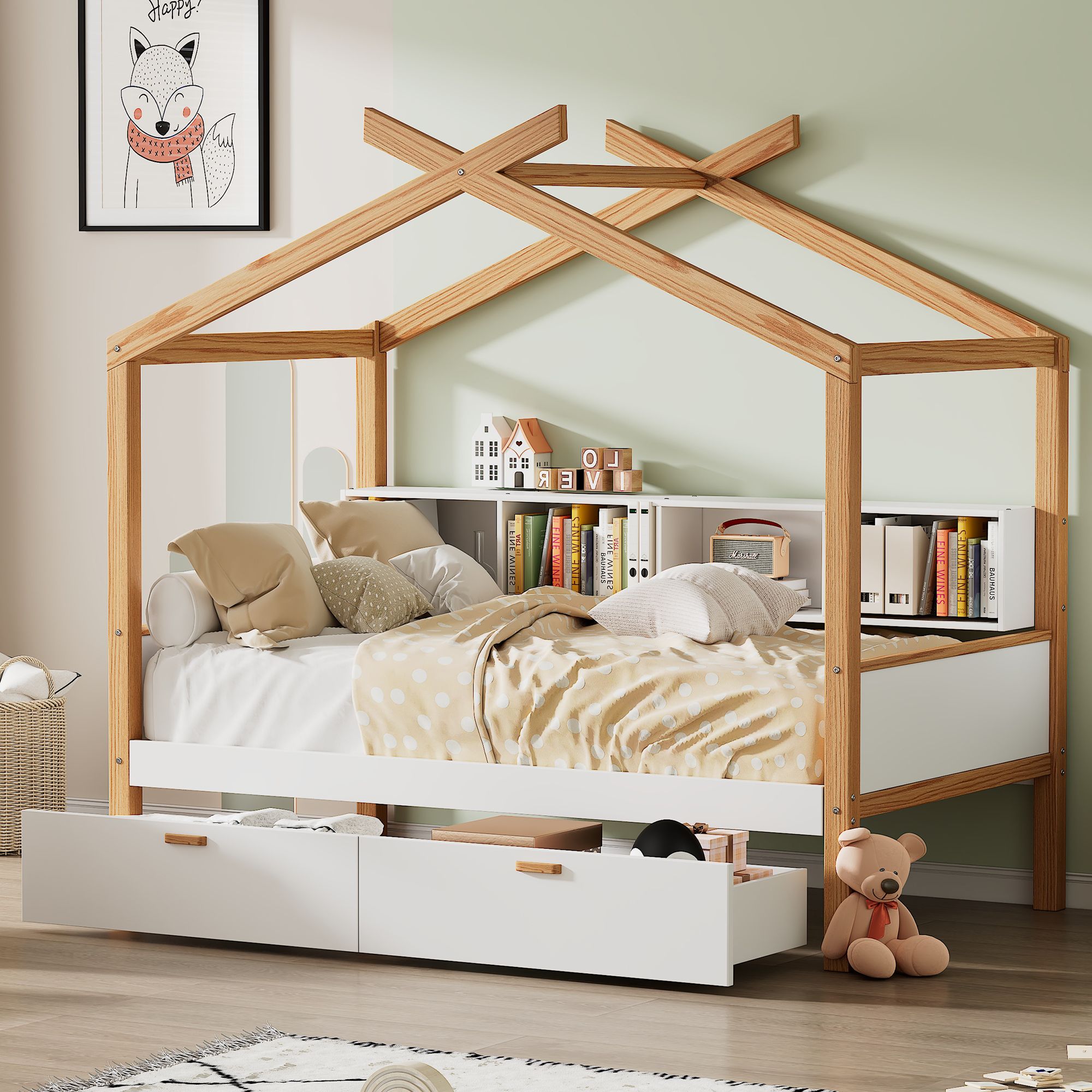 Yiekholo - Full White Wood Bed Frame Storage with Headboard