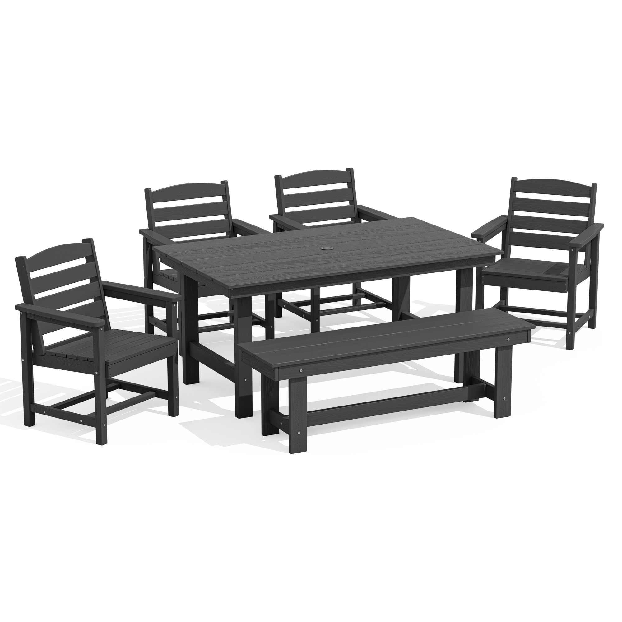 JEAREY PEJYCZY06-GY 6-Pieces HDPE Dining Set with 4 Chairs,1 Bench,1 Table 6 -Piece Gray Patio Dining Set Plastic Rectangle Table with 4 Stackable Stationary Chairs