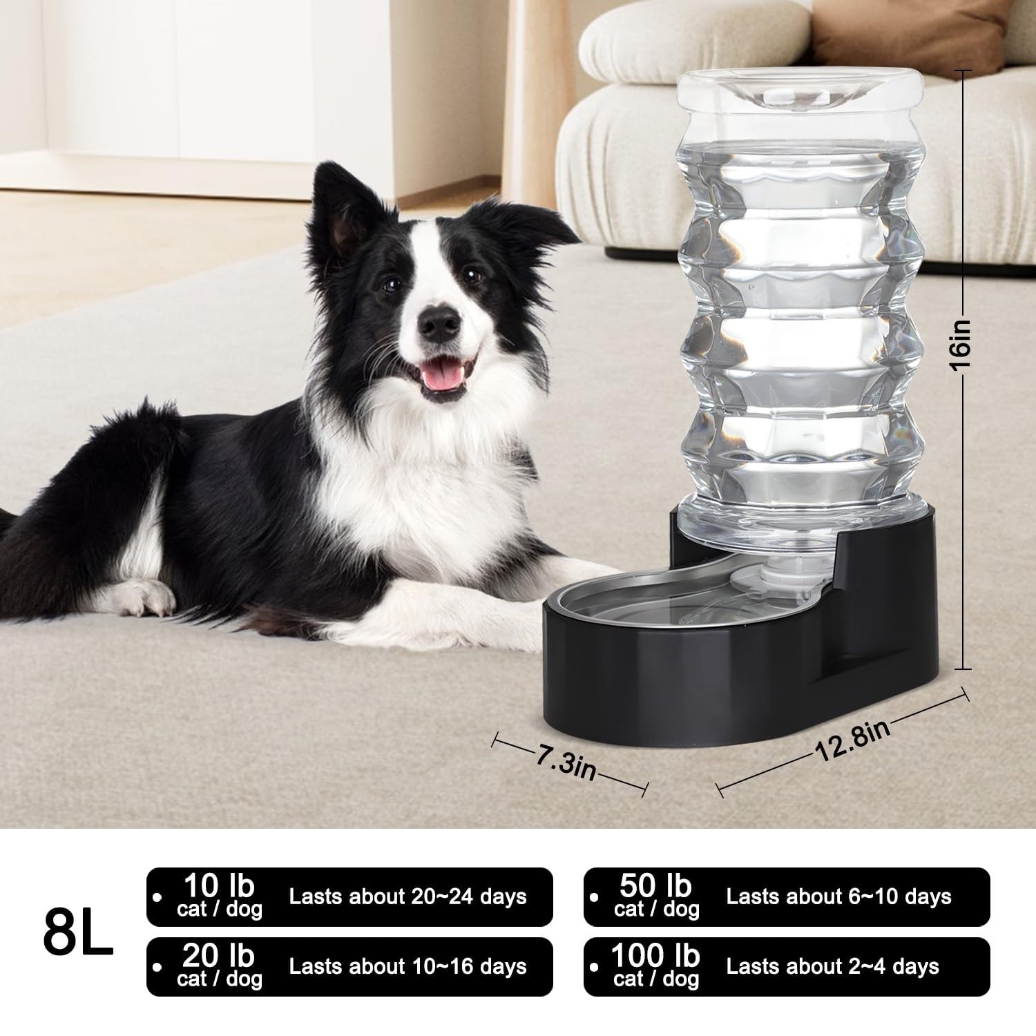 AOIZGMY 8L Gravity Dog Water Bowl Dispenser Large Stainless Steel Automatic Feeder Triple Filter Spill Resistant Easy Clean Stable Base for