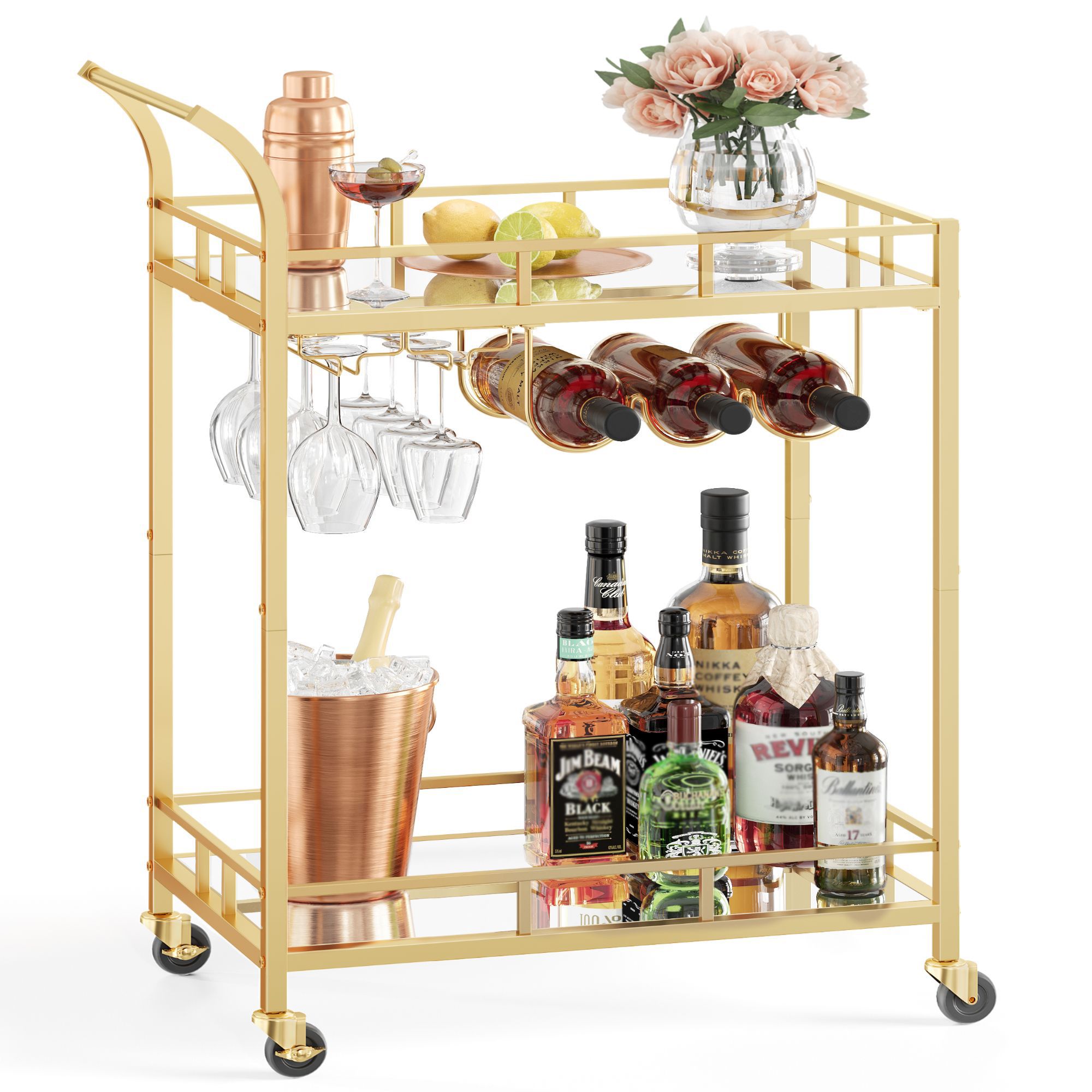 Slickblue - 26 Inch W x 35.4 Inch H Steel Gold/Black Rolling Bar Cart with 2 Shelves Wine Storage...