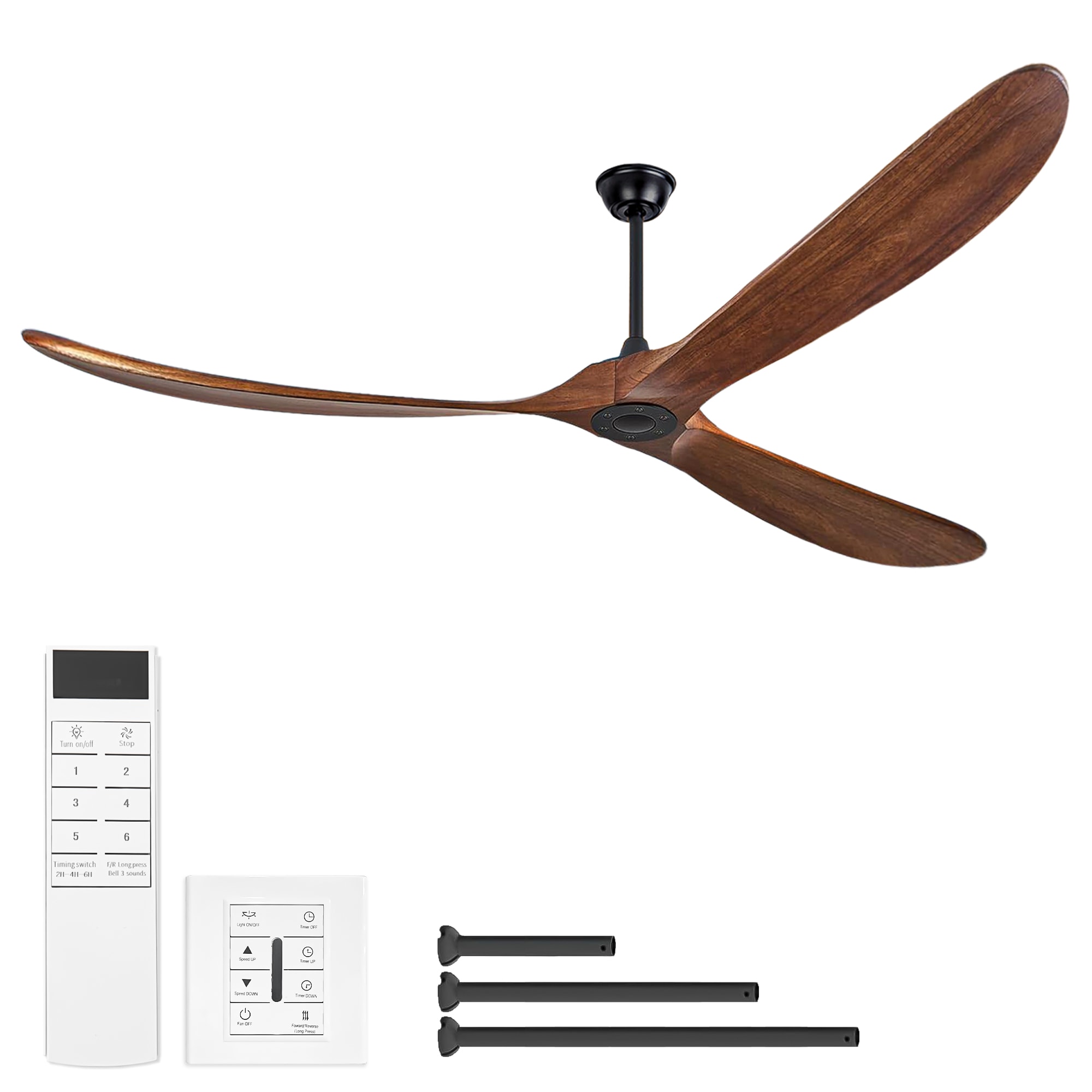 HyperDrop Cart 88-in Matte Black Walnut Solid Wood Large Ceiling Fan No Light Heavy-Duty 3-Blade 6-Speed Reversible Motor for Patio