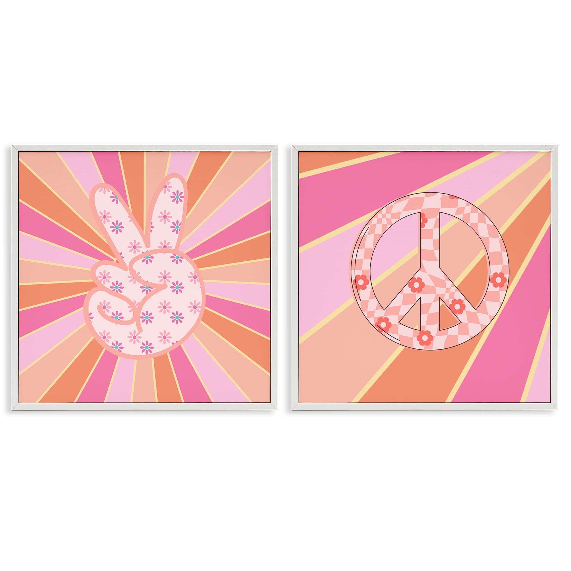 Stupell Industries B2-776-WFR-2PC-17X17 Groovy Peace Symbols on Stripes 2pc Framed Giclee Set design by Jesse Keith