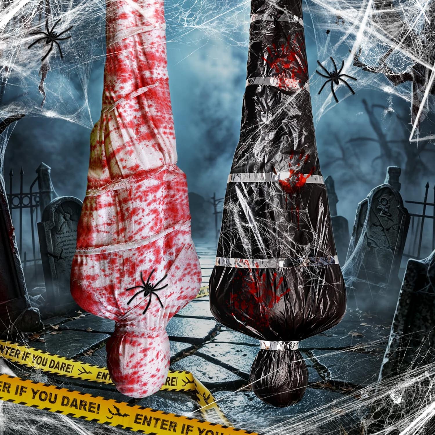 OGETFUUR 2 Packs 6ft Halloween Decorations Outdoor Hanging Body Bags with Inflatable Corpse Bloody Shroud Crime Scene Tape Spider Web All-in-one Scary Halloween Decor for Yard Lawn Porch Haunted House