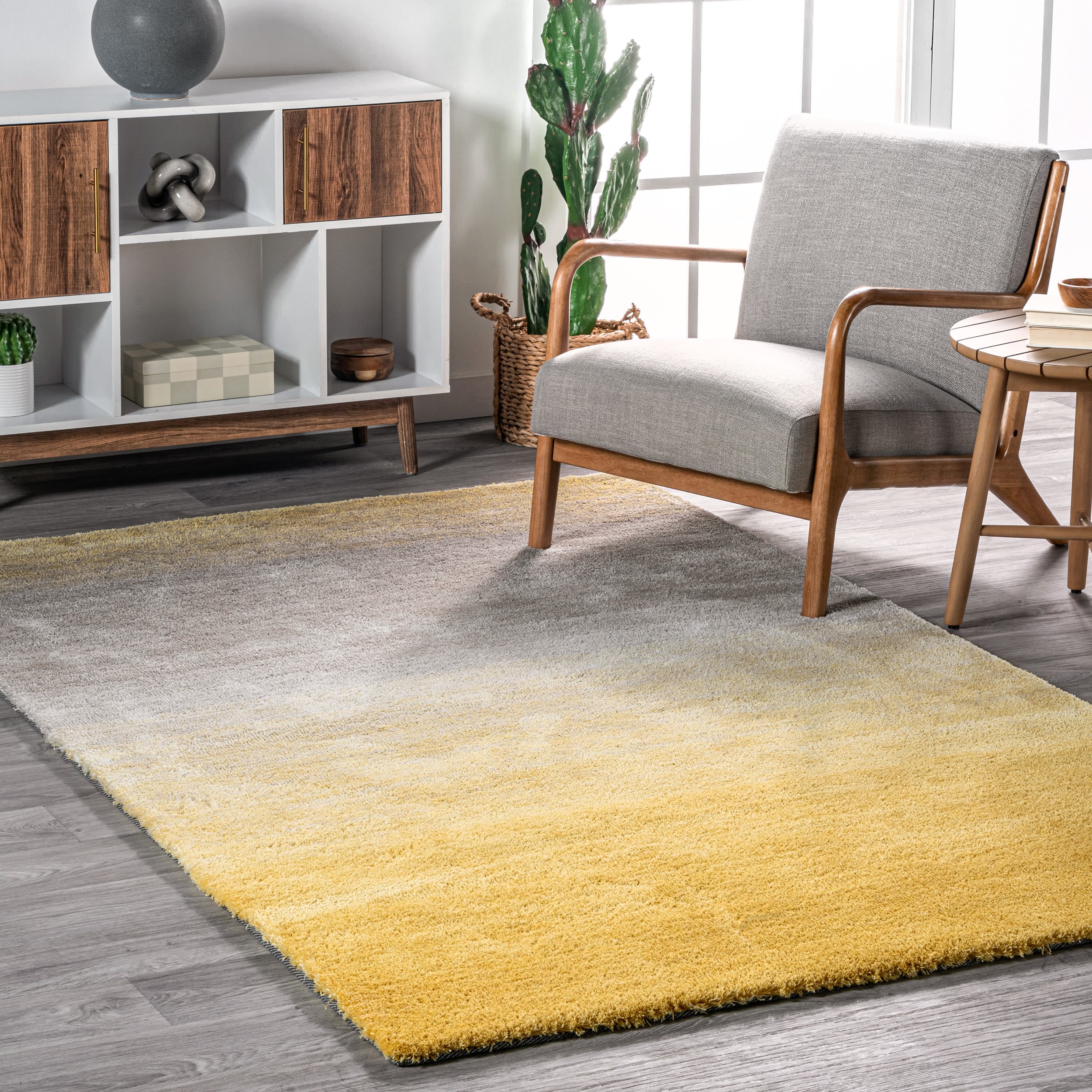 Yellow and Gray Ombre Hand-Tufted Shag Rug, 4' x 6'