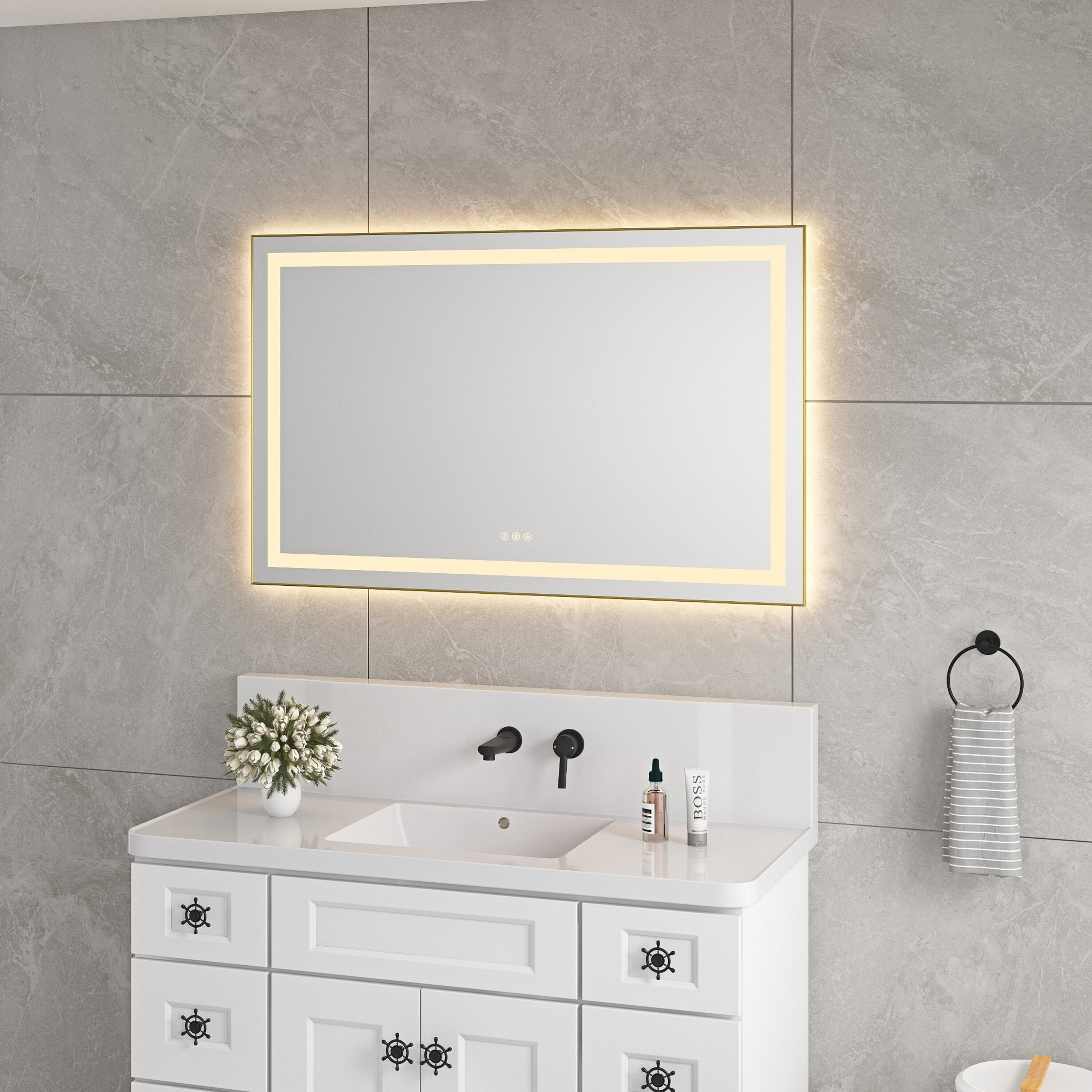 48x30 Inch LED Bathroom Mirror Front Backlight Wall Mounted Vanity Mirror Aluminum Frame